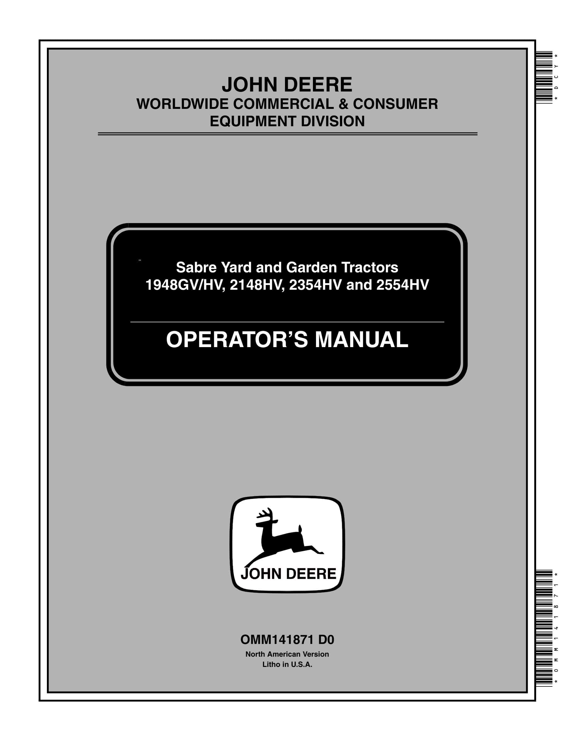 John Deere 1948GVHV, 2148HV, 2354HV and 2554HV Tractor Operator Manual OMM141871-1