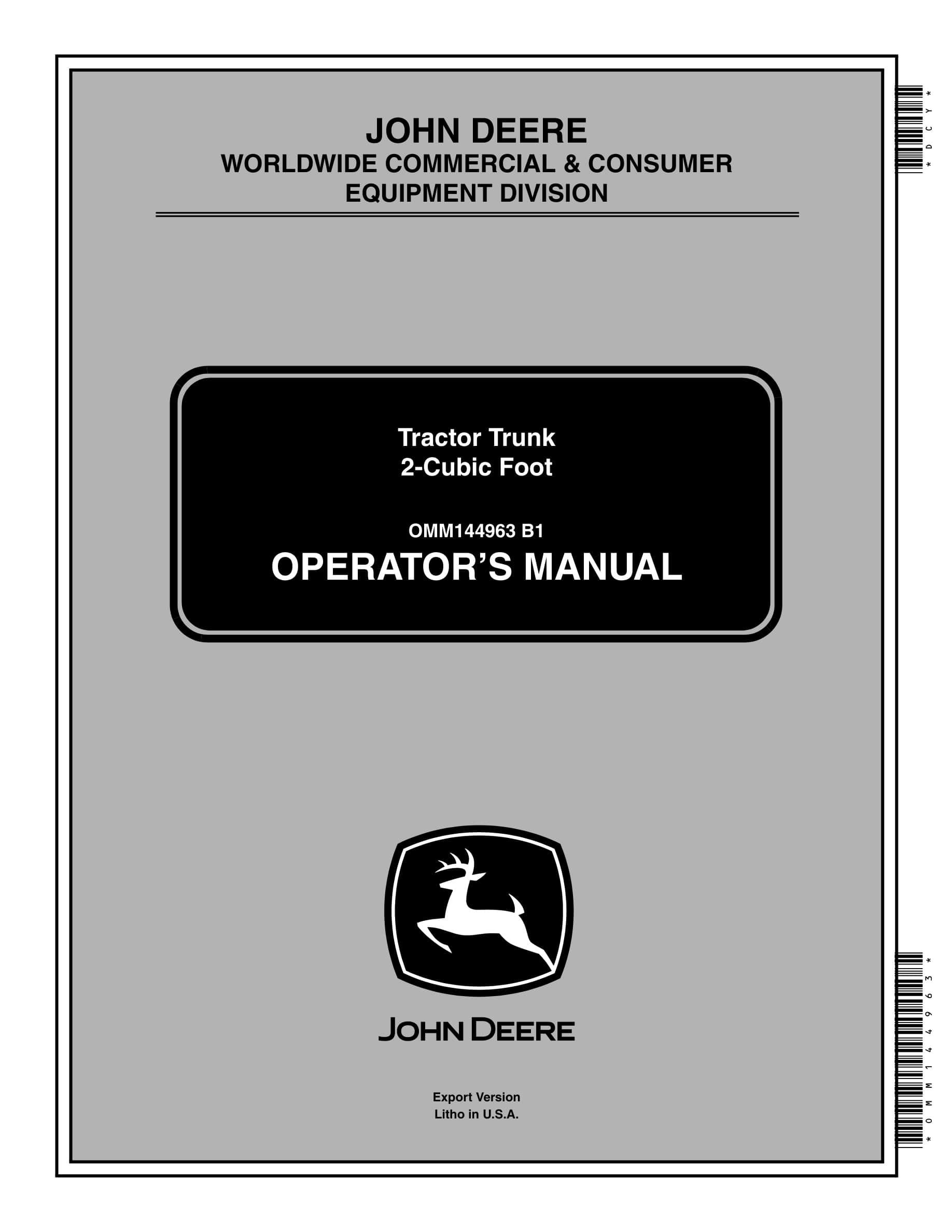 John Deere 2-cubic Foot Tractors Trunk Operator Manual OMM144963-1