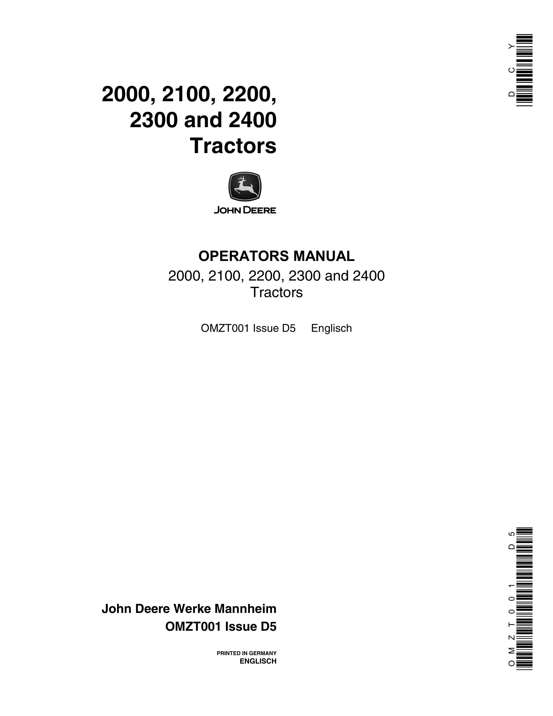 John Deere 2000, 2100, 2200, 2300 And 2400 Tractors Operator Manuals Omzt001-1
