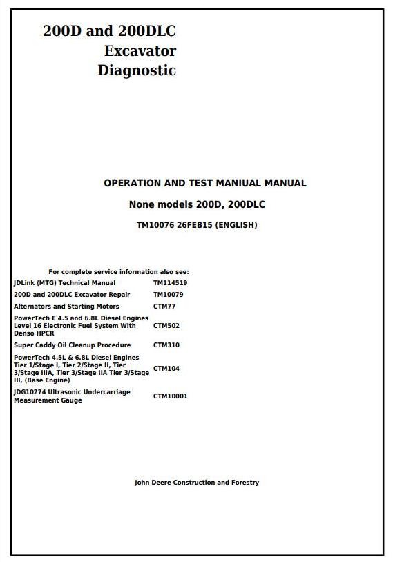 John Deere 200D 200DLC Excavator Diagnostic Operation Test Manual TM10076