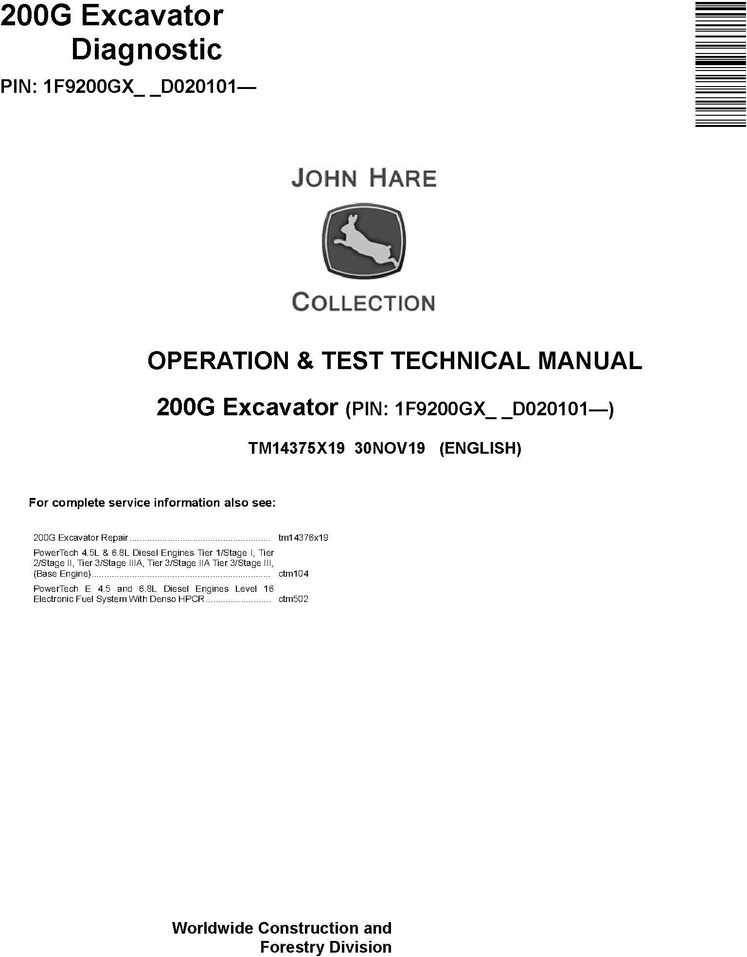 John Deere 200G Excavator Operation Test Technical Manual TM14375X19