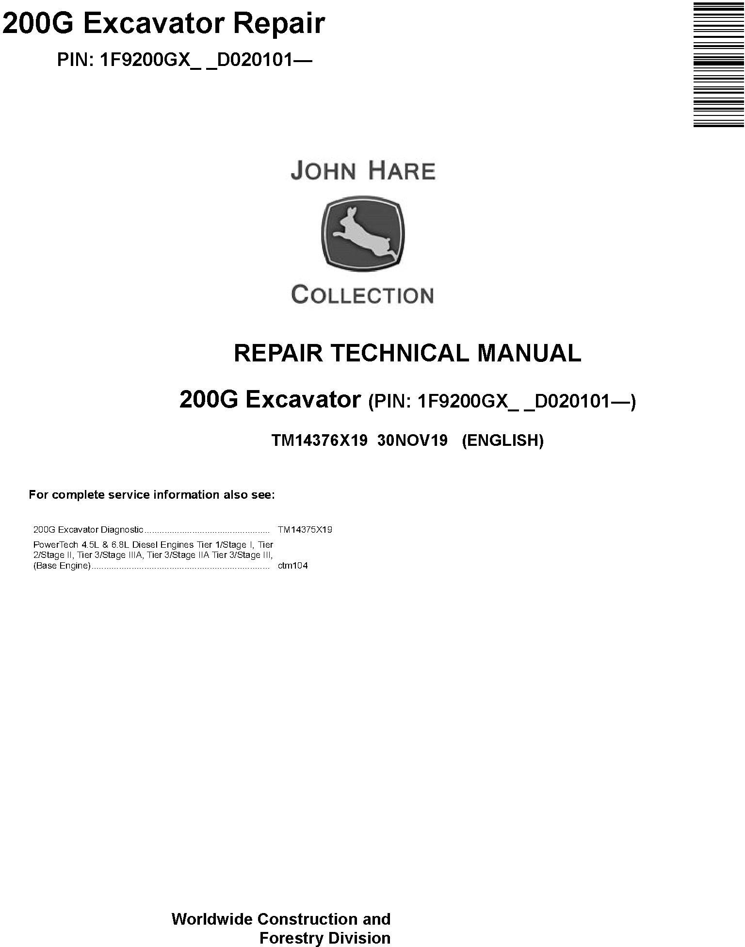 John Deere 200G Excavator Repair Technical Manual TM14376X19