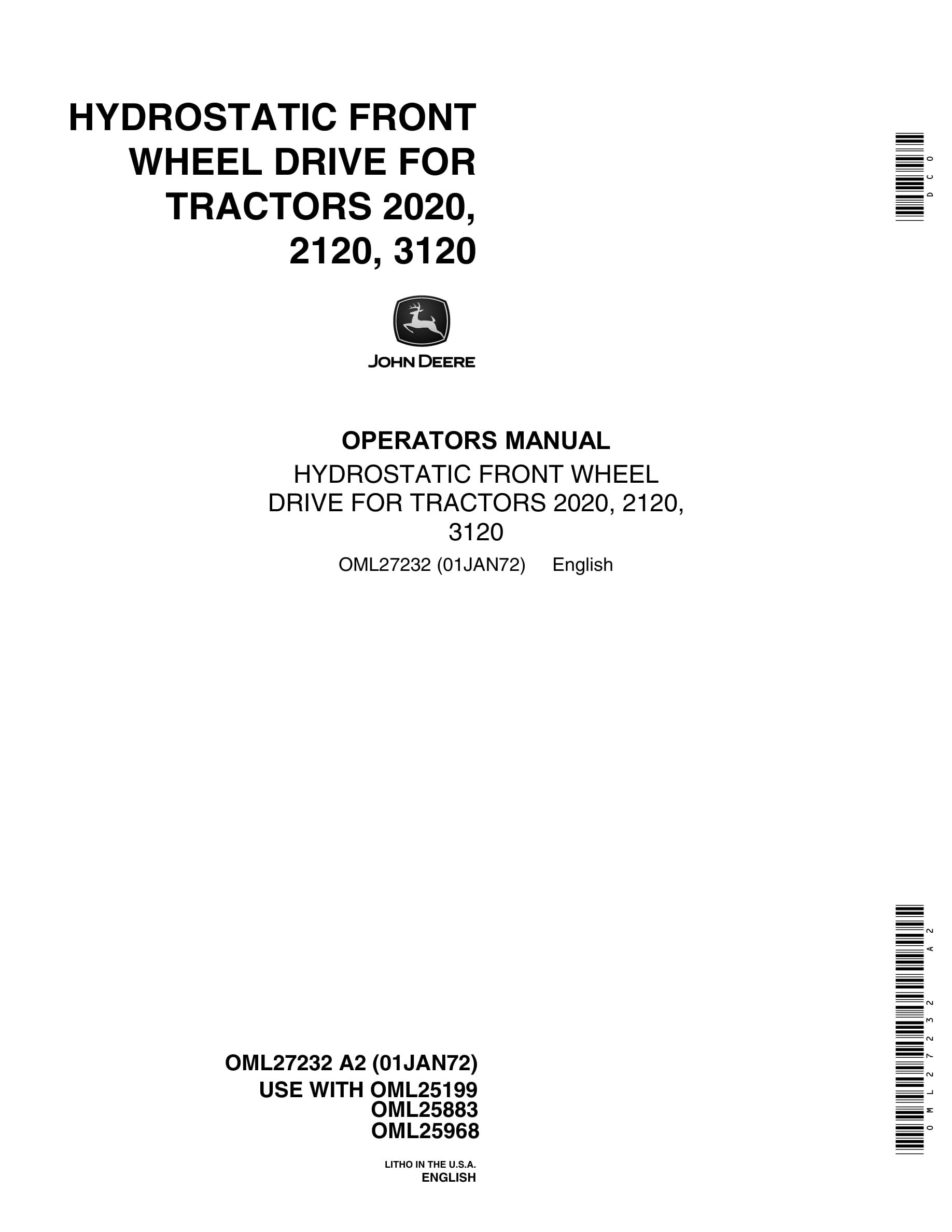 John Deere 2020, 2120,3120 Hydrostatic Front Wheel Drive For Tractors Operator Manual OML2723-1
