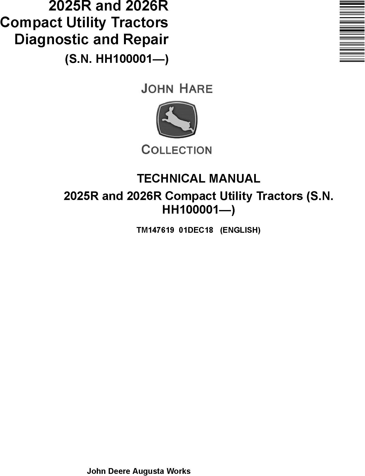 John Deere 2025R 2026R Compact Utility Tractor Diagnostic Repair Manual TM147619