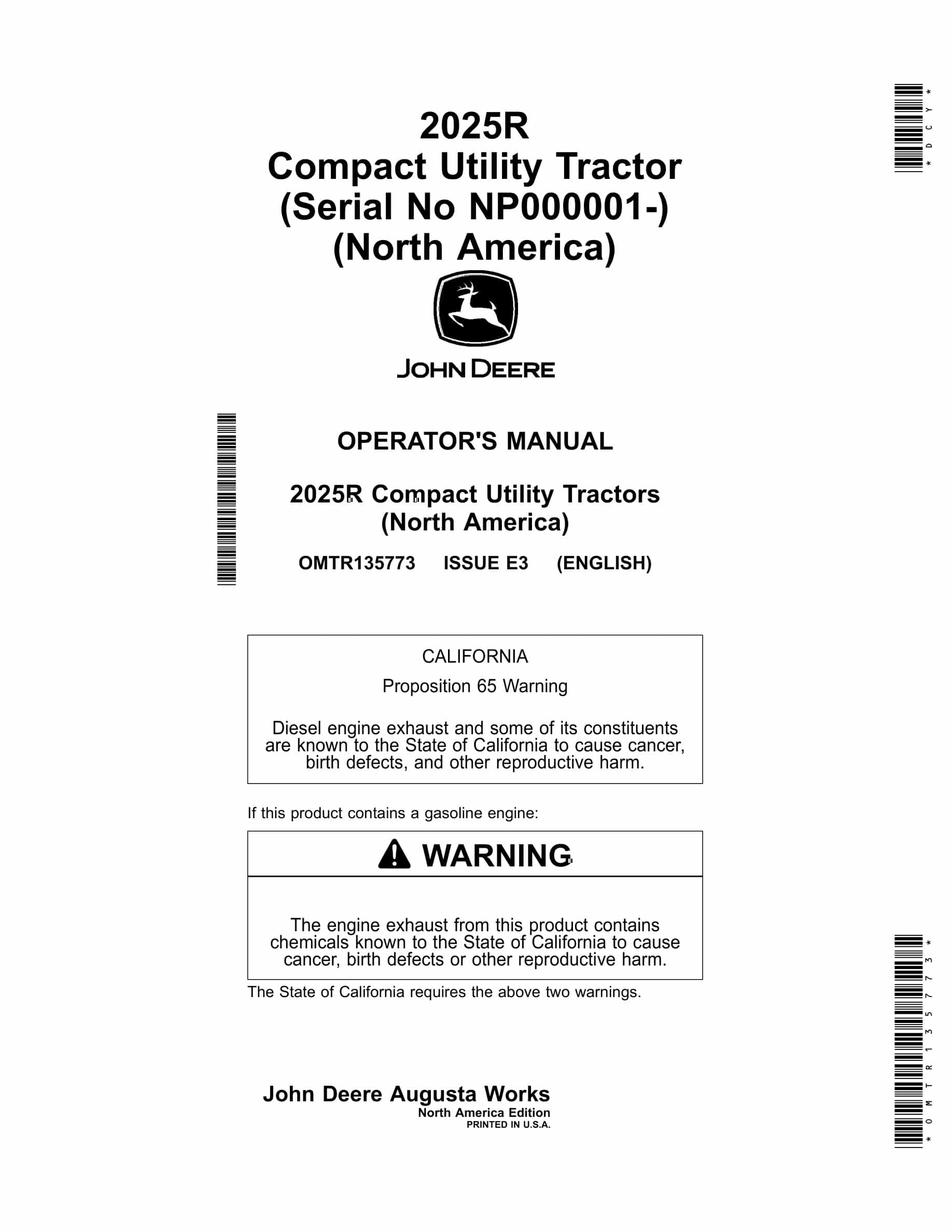 John Deere 2025r Compact Utility Tractors Operator Manuals OMTR135773-1