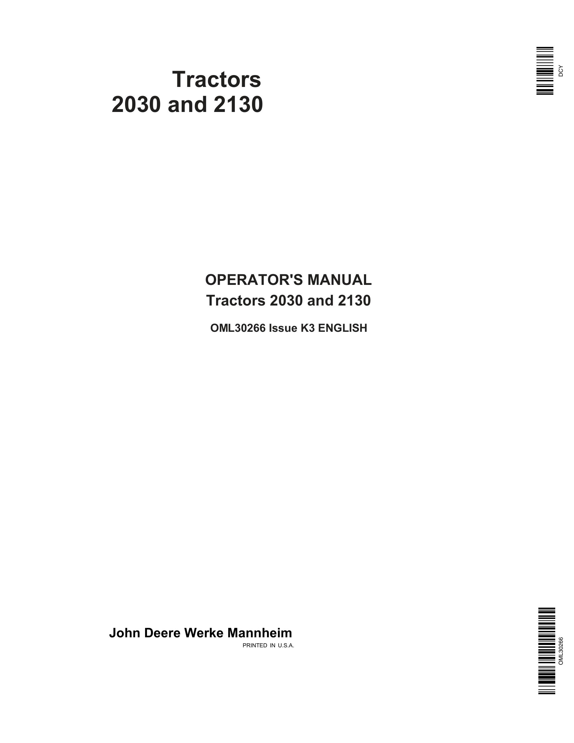 John Deere 2030 And 2130 Tractors Operator Manuals OML30266-1