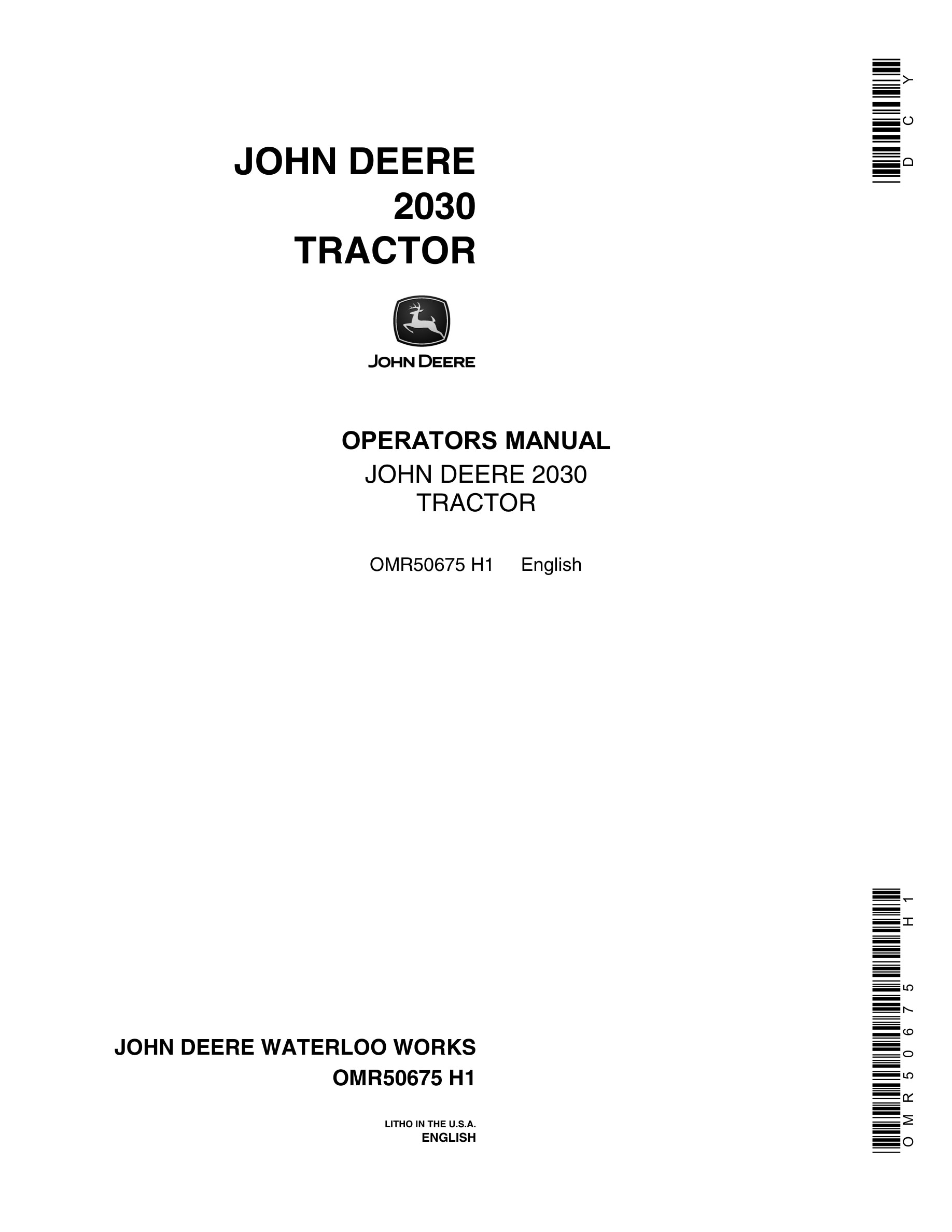 John Deere 2030 Tractor Operator Manual OMR50675-1