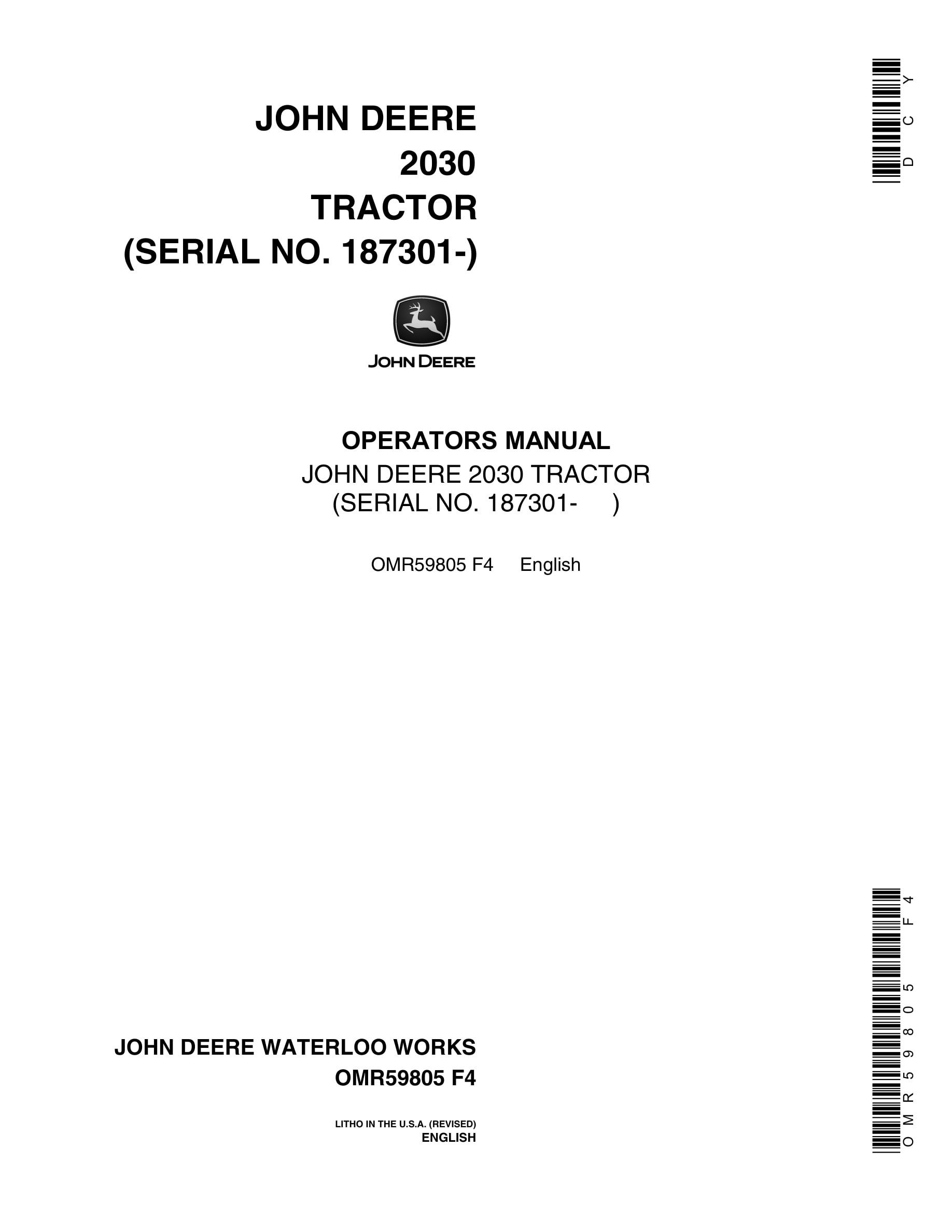 John Deere 2030 Tractor Operator Manual OMR59805-1