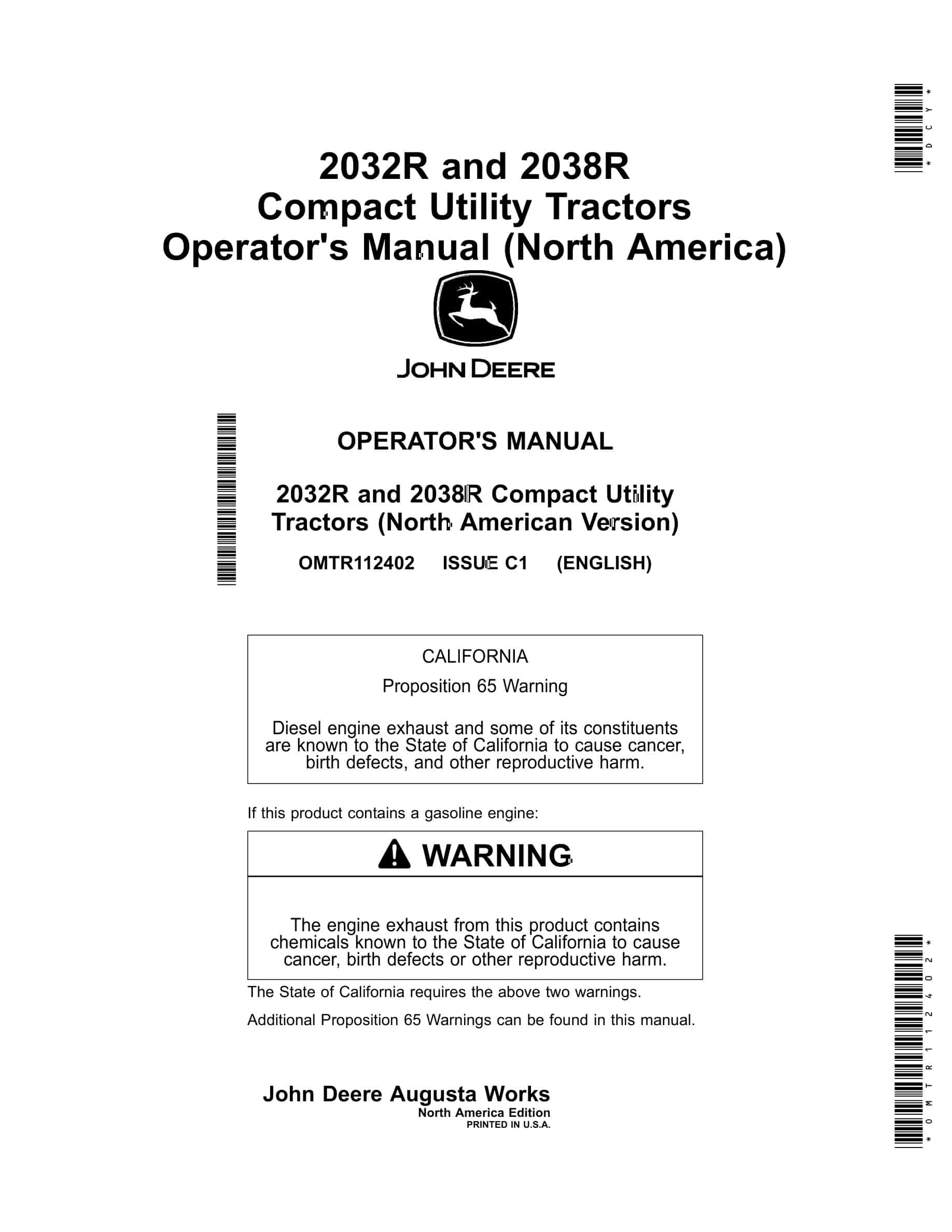 John Deere 2032R and 2038R Tractor Operator Manual OMTR112402-1