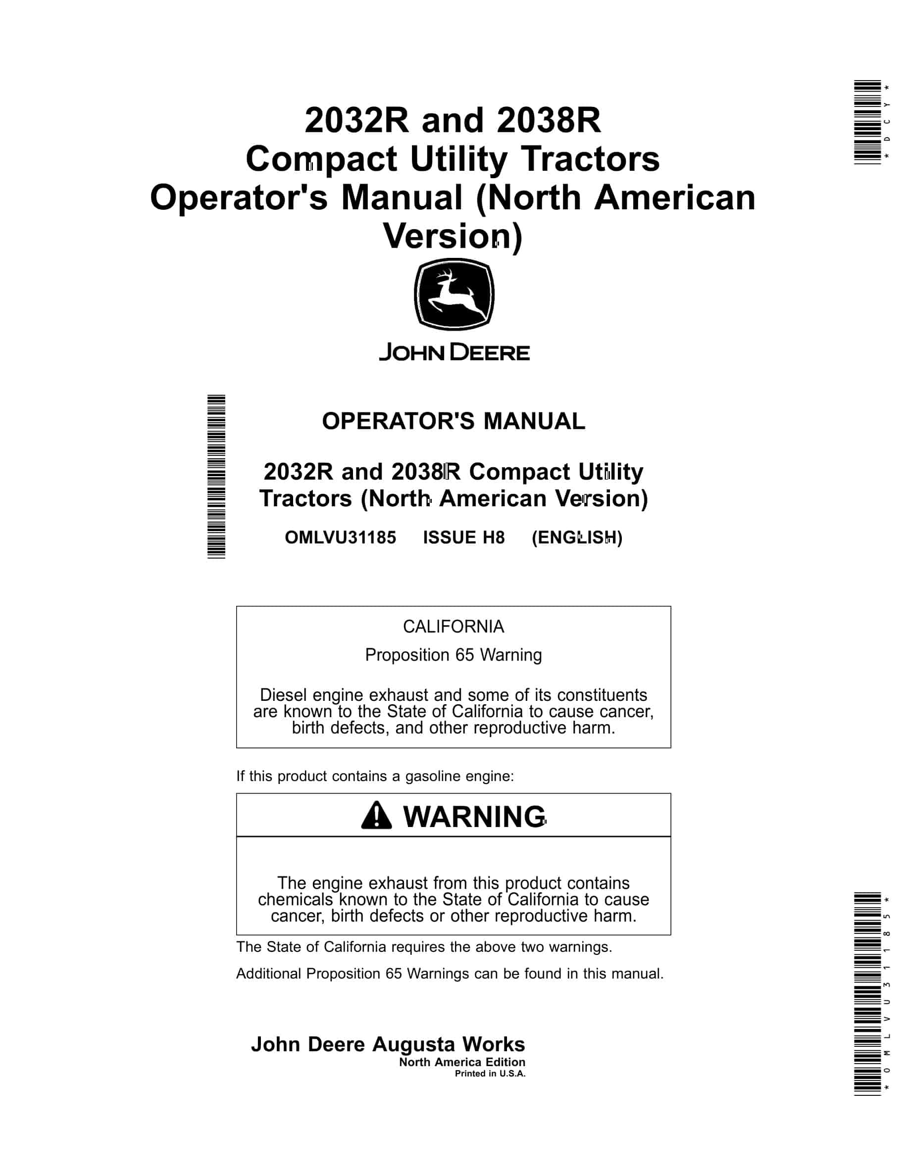 John Deere 2032r And 2038r Compact Utility Tractors Operator Manuals OMLVU31185-1