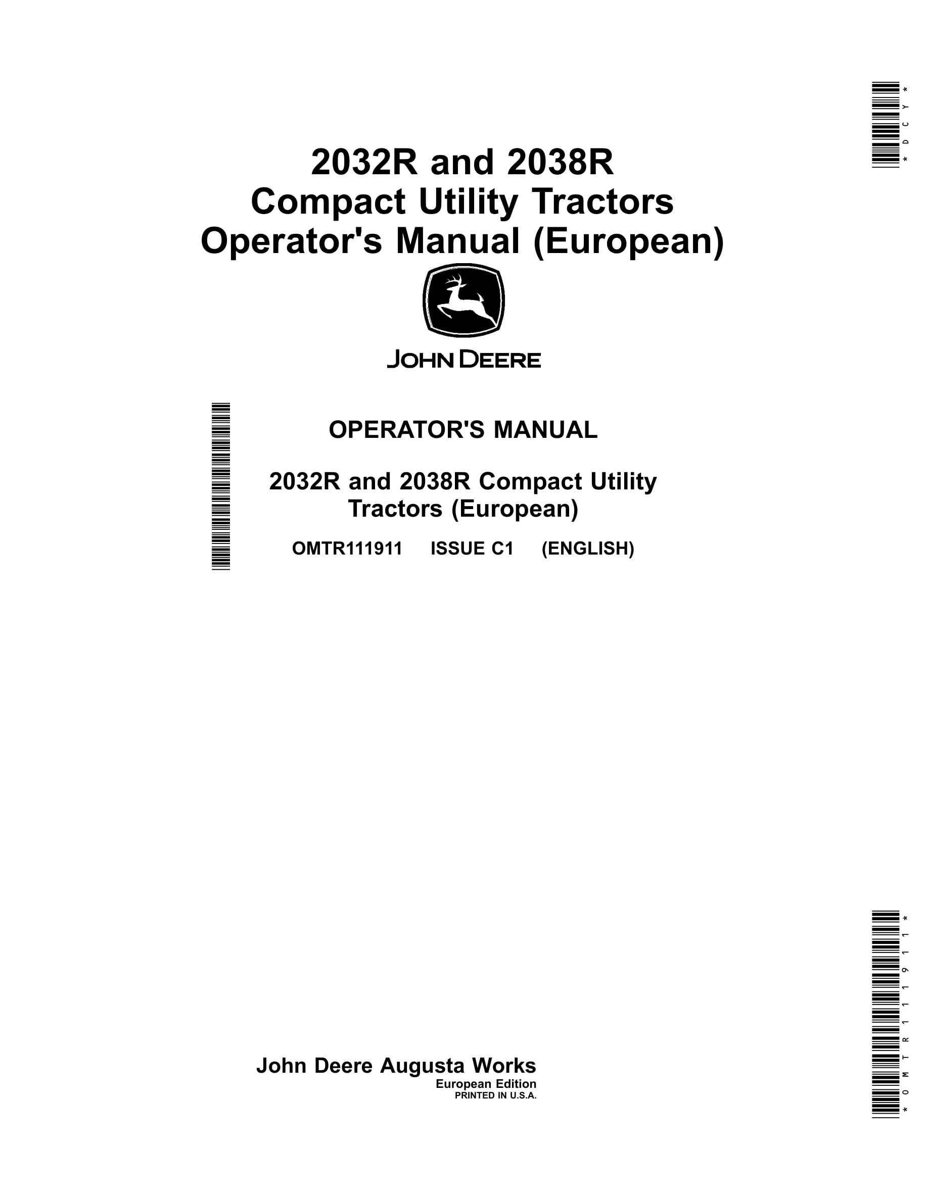 John Deere 2032r And 2038r Compact Utility Tractors Operator Manuals OMTR111911-1