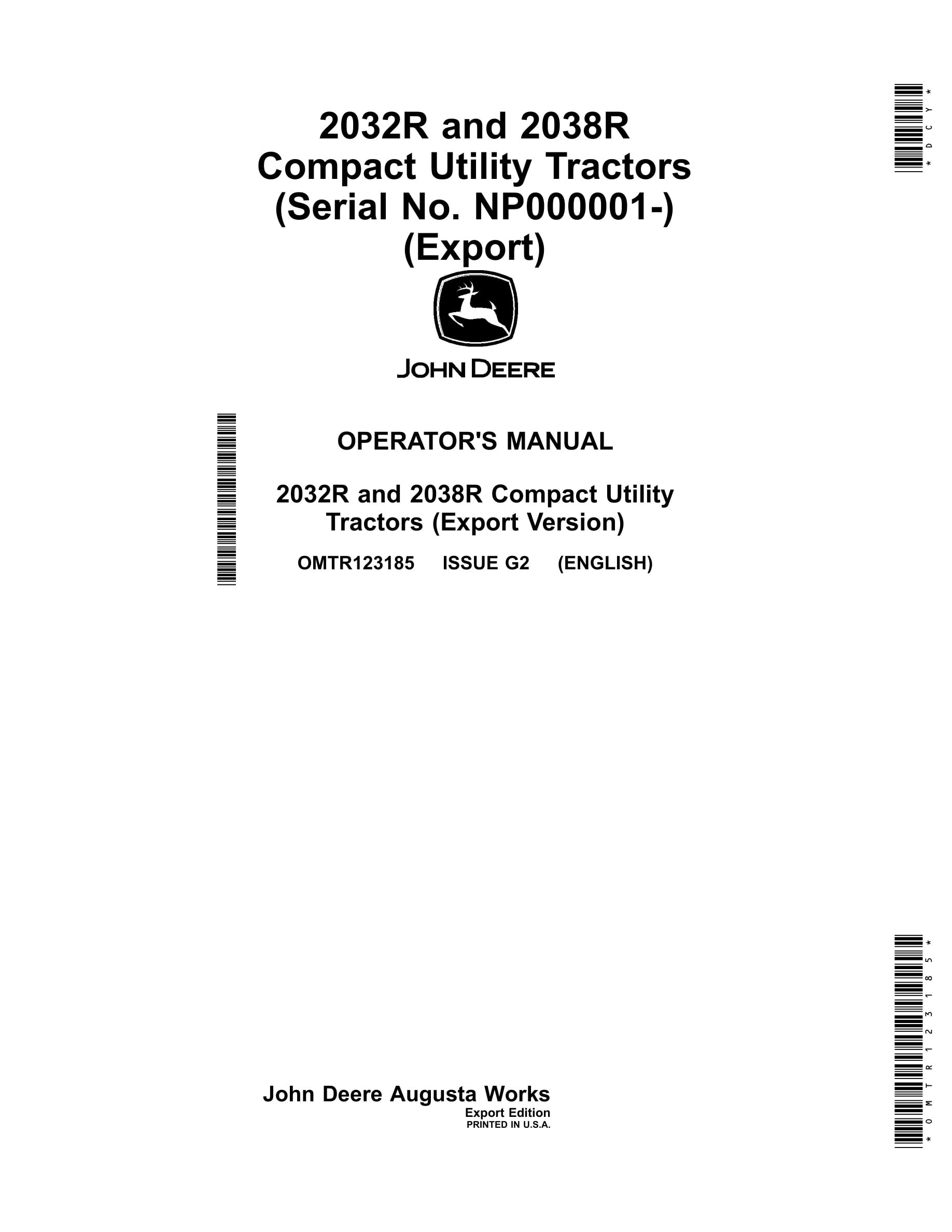 John Deere 2032r And 2038r Compact Utility Tractors Operator Manuals OMTR123185-1