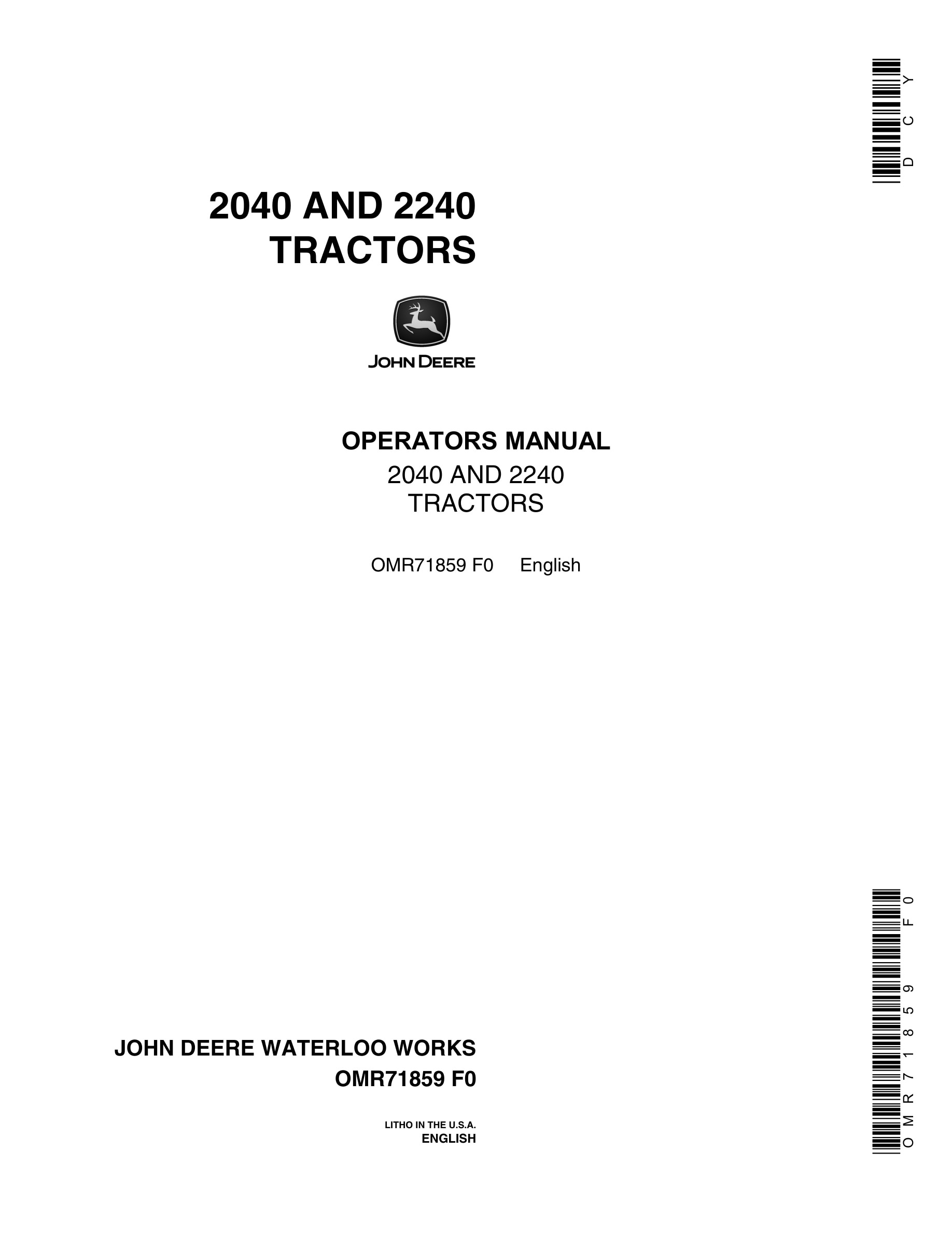 John Deere 2040 AND 2240 Tractor Operator Manual OMR71859-1