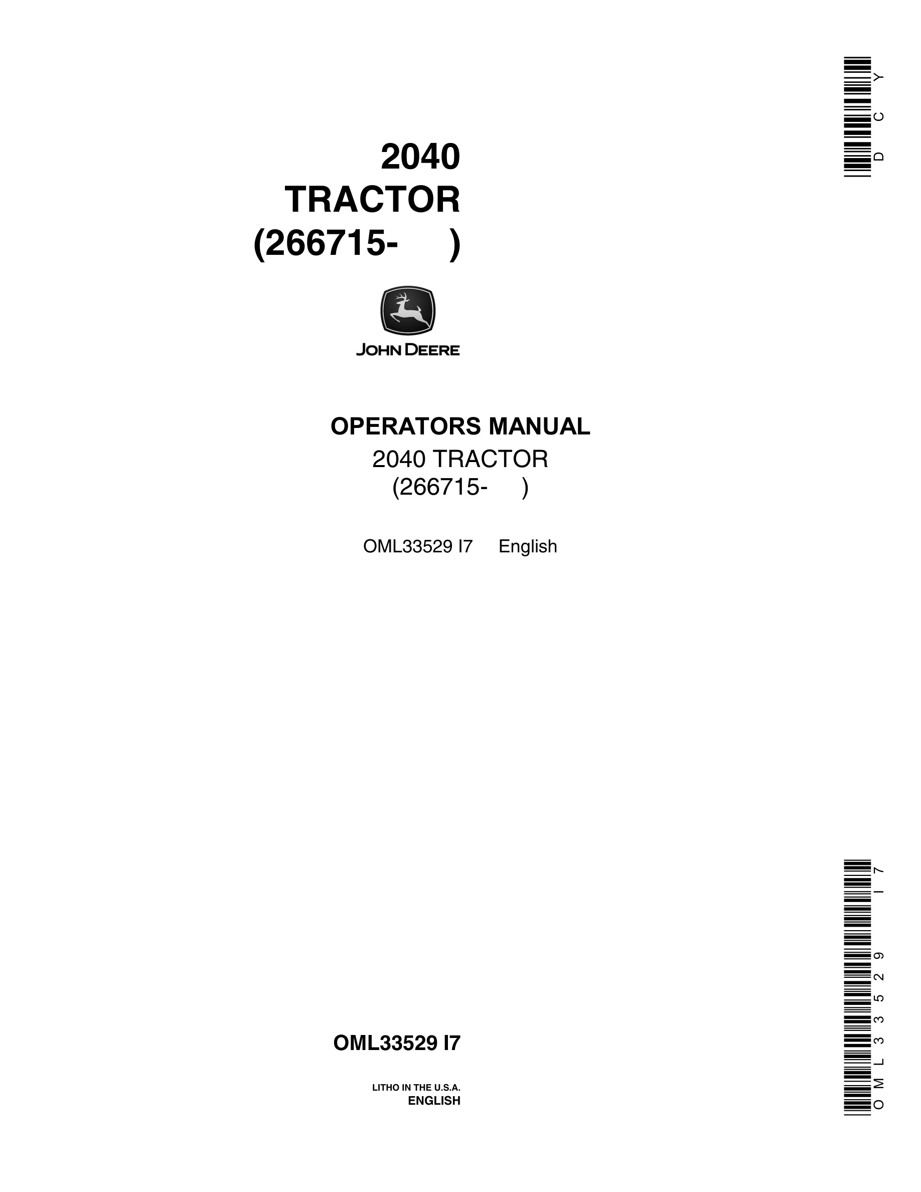 John Deere 2040 Tractor Operator Manual OML33529-1
