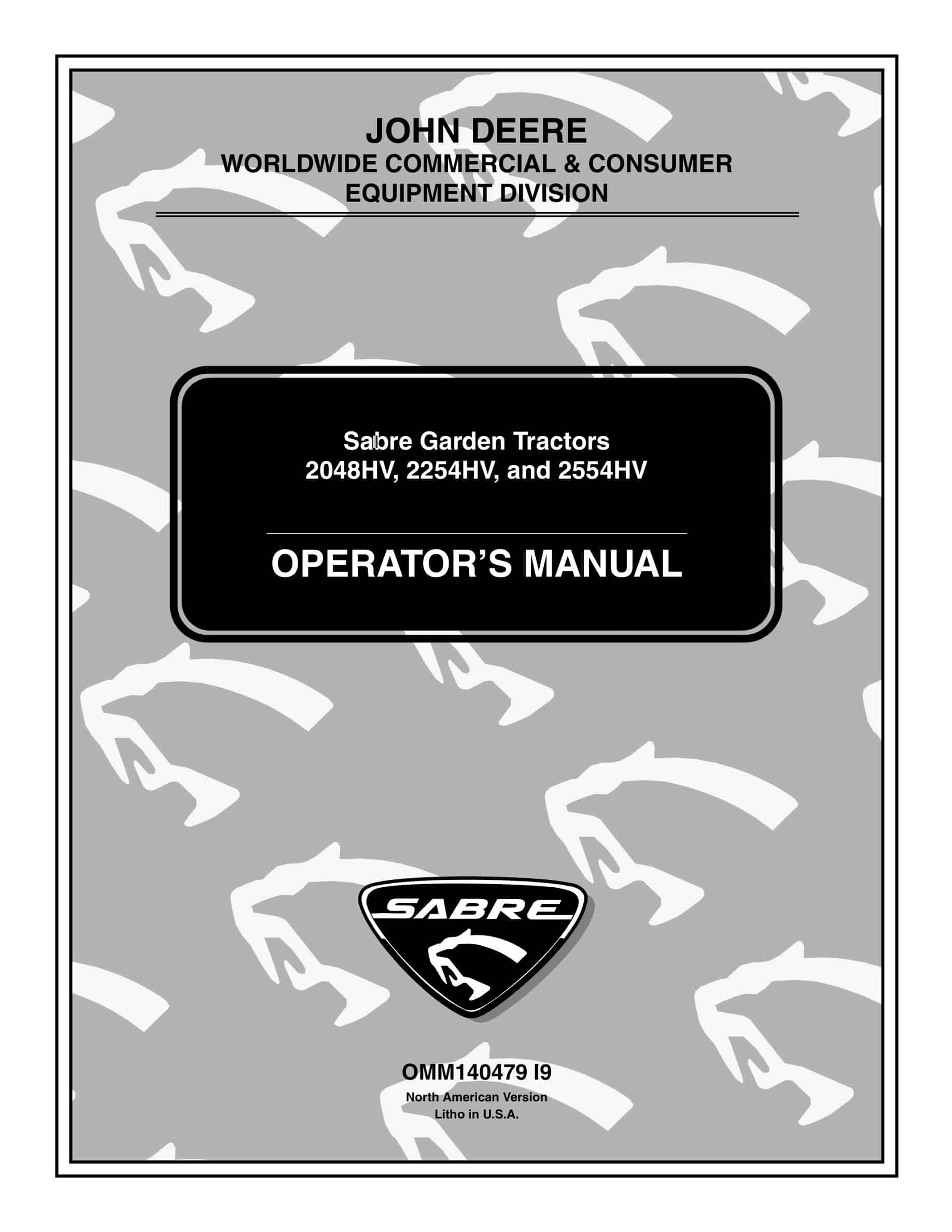 John Deere 2048hv, 2254hv, And 2554hv Sabre Gardentractors Operator Manuals OMM140479-1