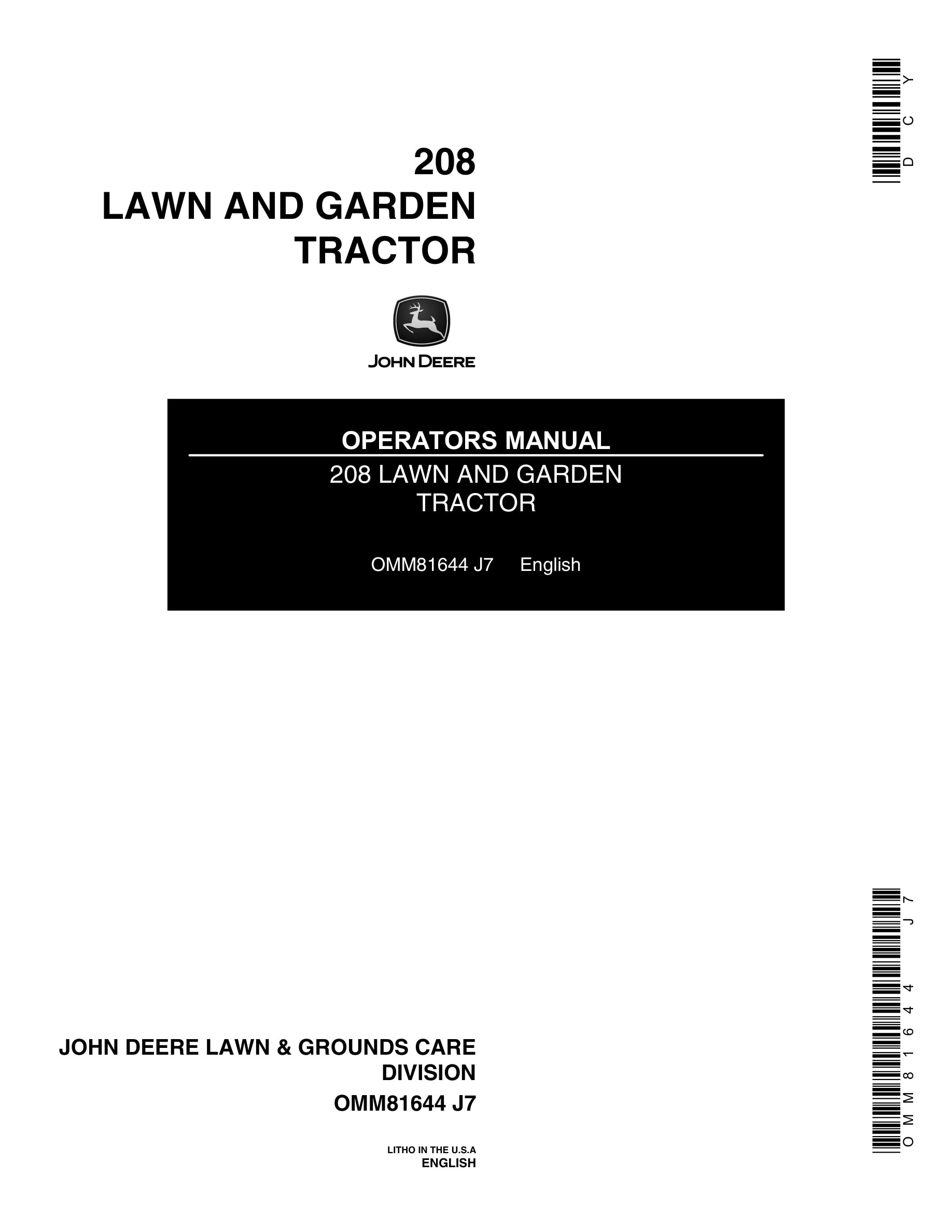 John Deere 208 Tractor Operator Manual OMM81644-1