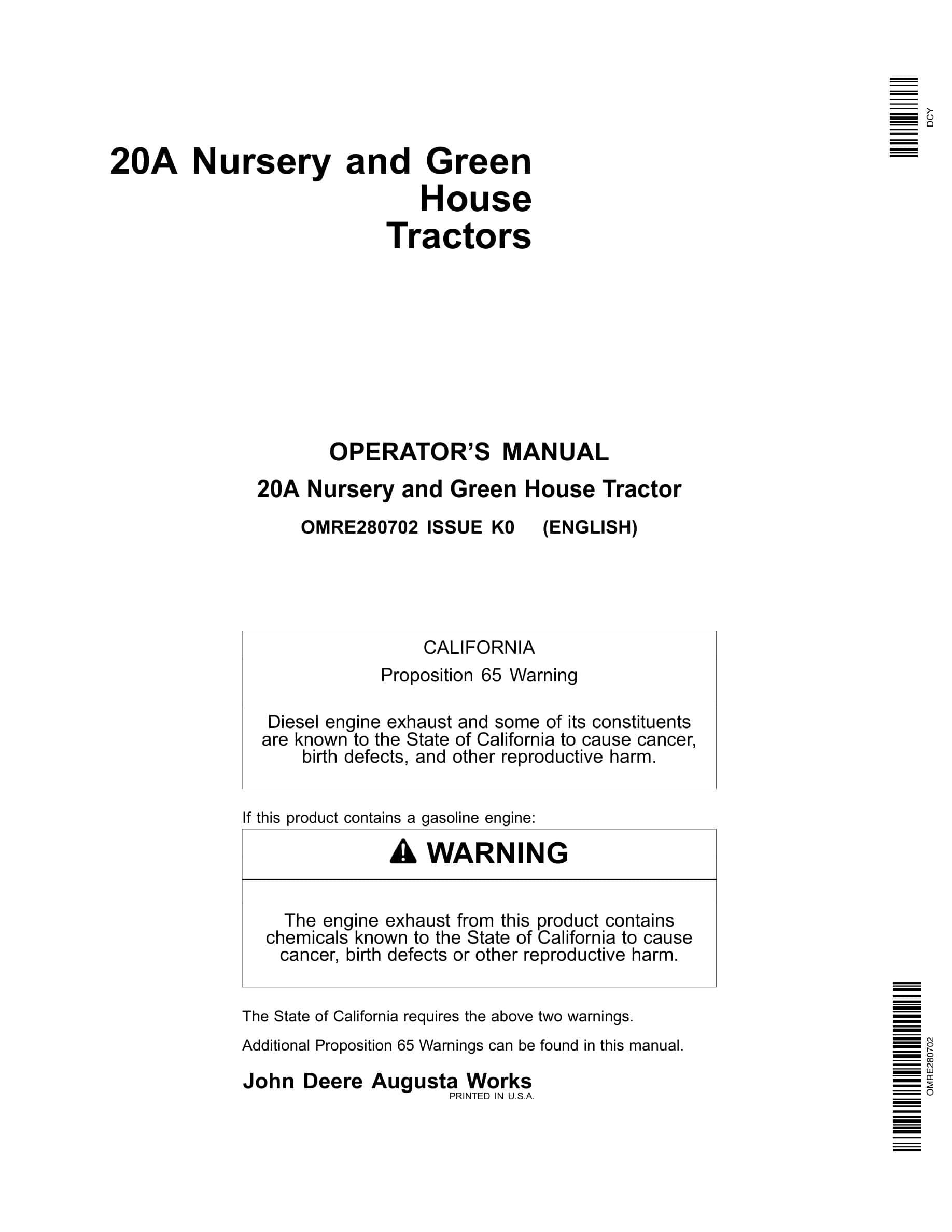 John Deere 20a Nursery And Green House Tractors Operator Manual OMRE280702-1