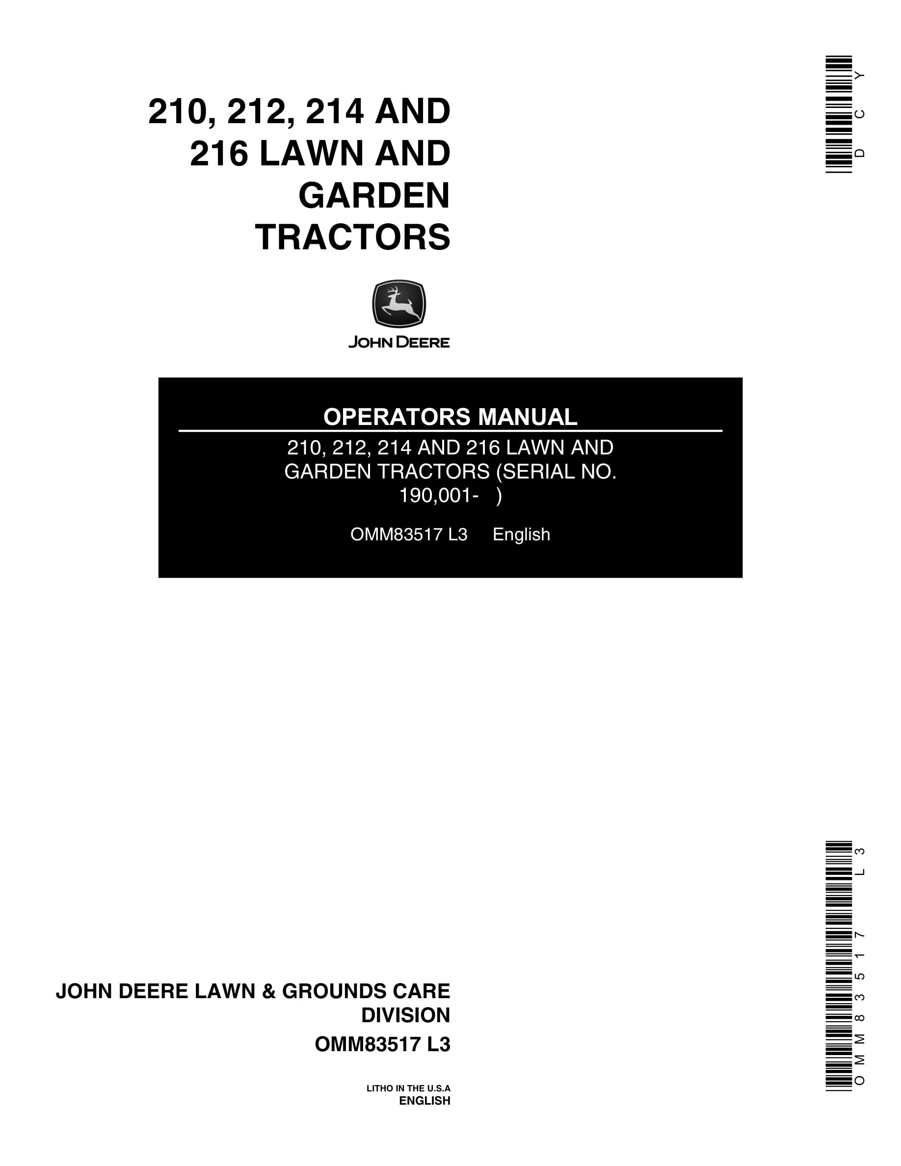 John Deere 210, 212, 214 AND 216 Tractor Operator Manual OMM83517-1