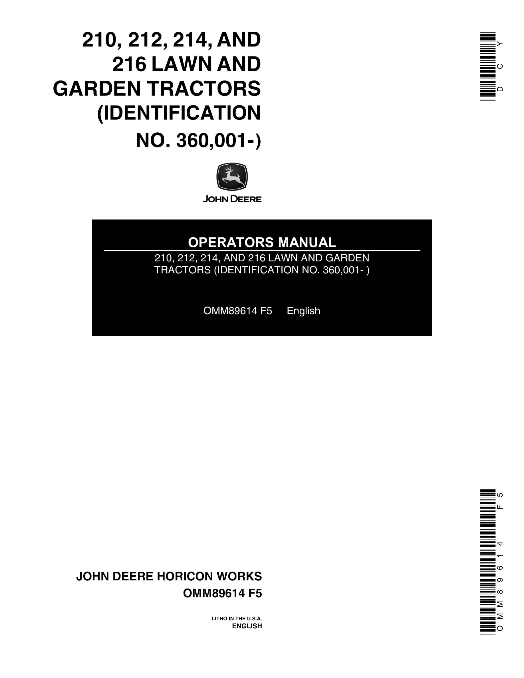 John Deere 210, 212, 214, AND 216 Tractor Operator Manual OMM89614-1