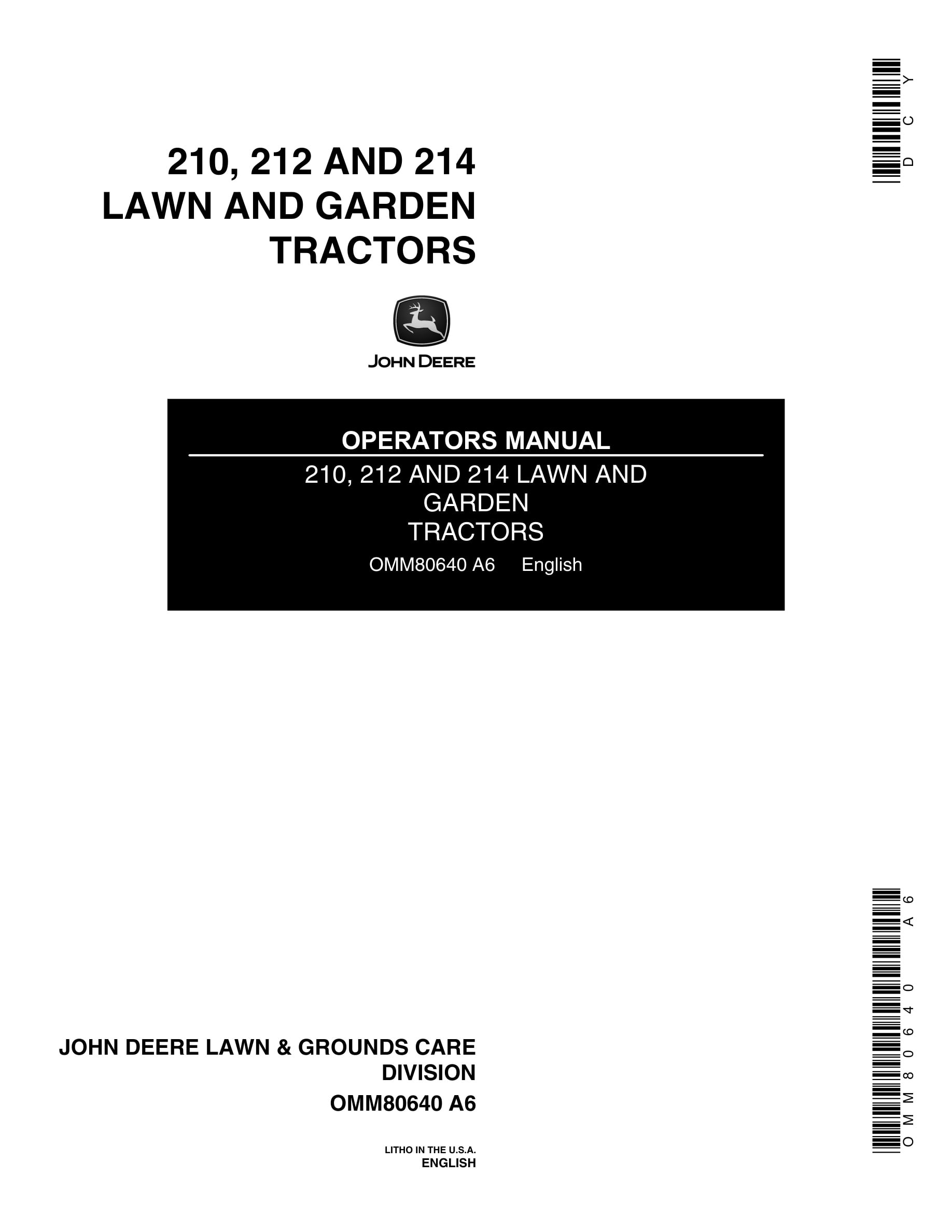John Deere 210, 212 AND 214 Tractor Operator Manual OMM80640-1