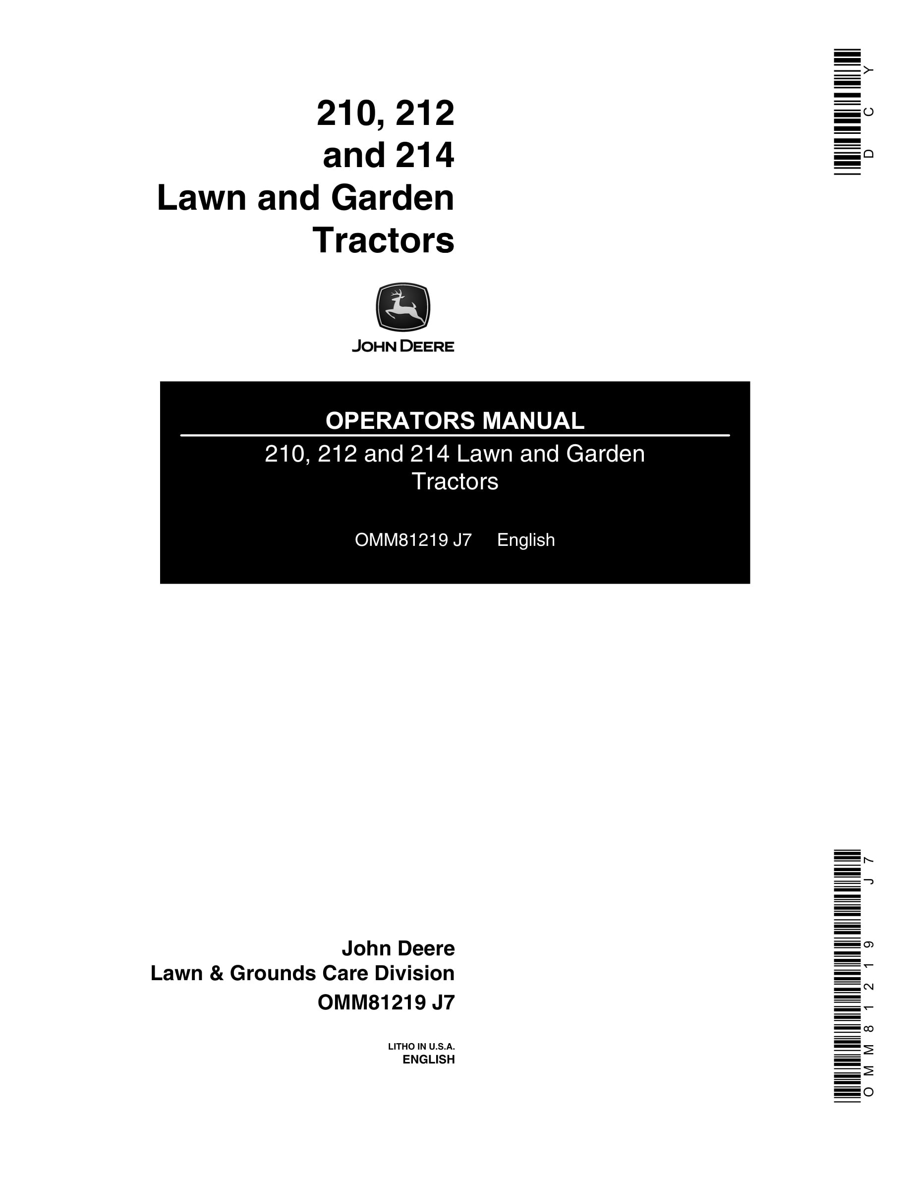 John Deere 210, 212 and 214 Tractor Operator Manual OMM81219-1