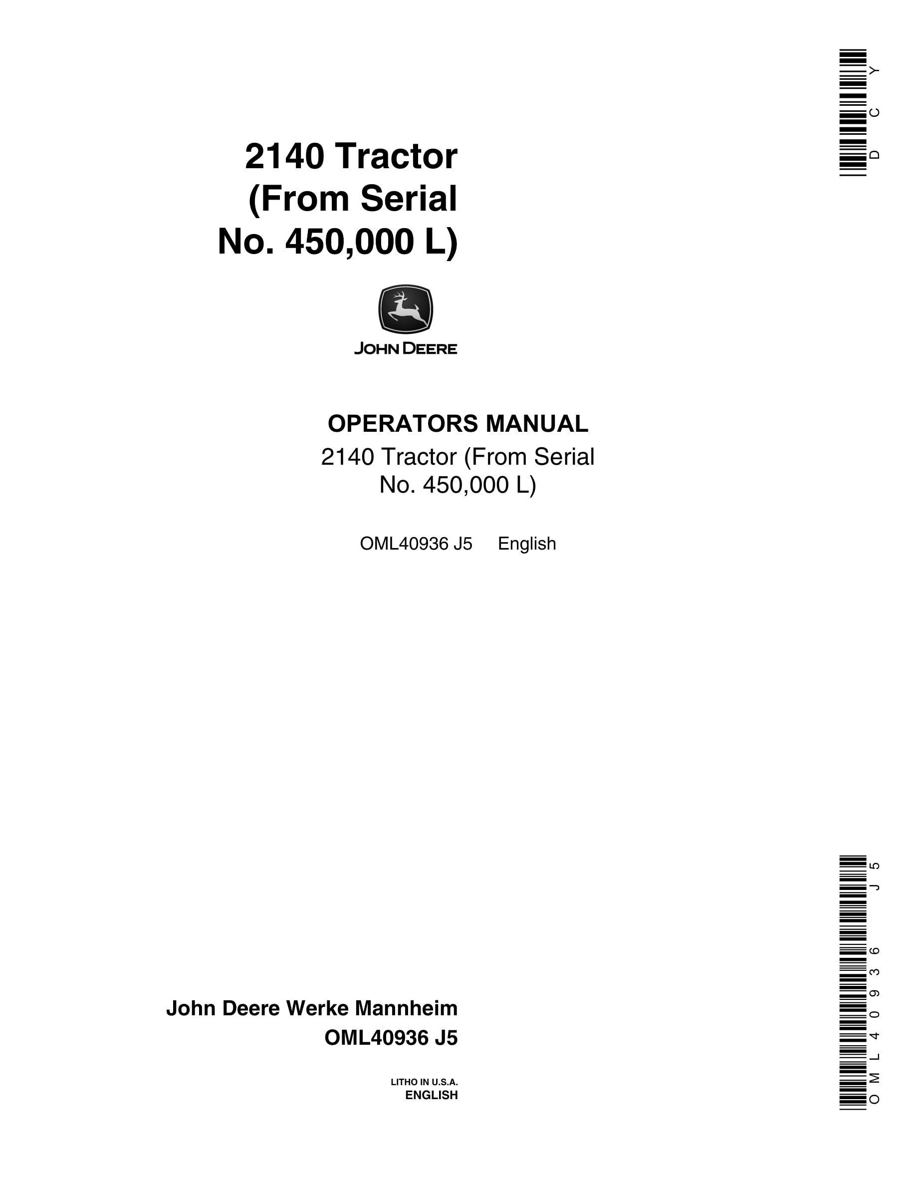 John Deere 2140 Tractors Operator Manual OML40936-1