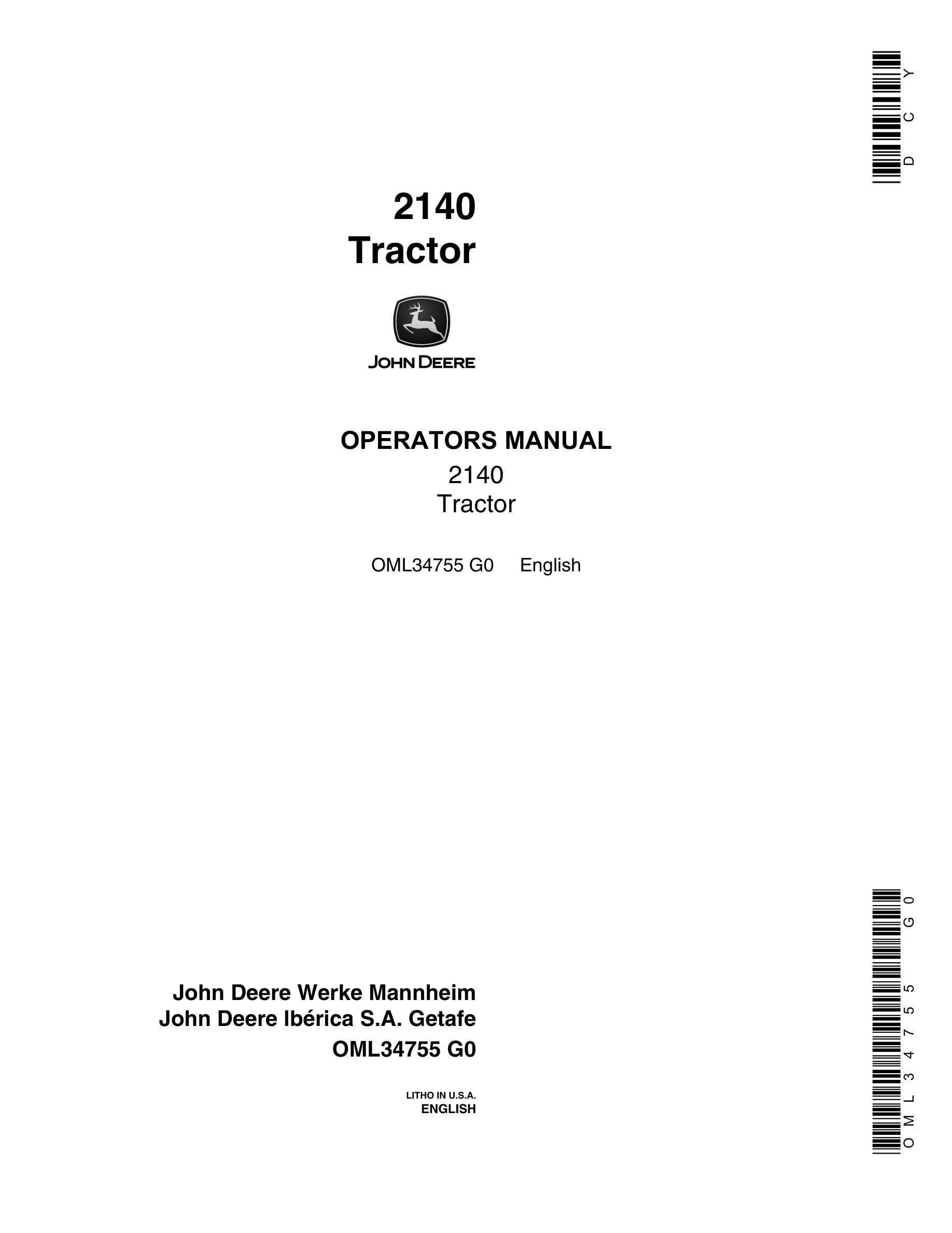 John Deere 2140 Tractors Operator Manuals OML34755-1
