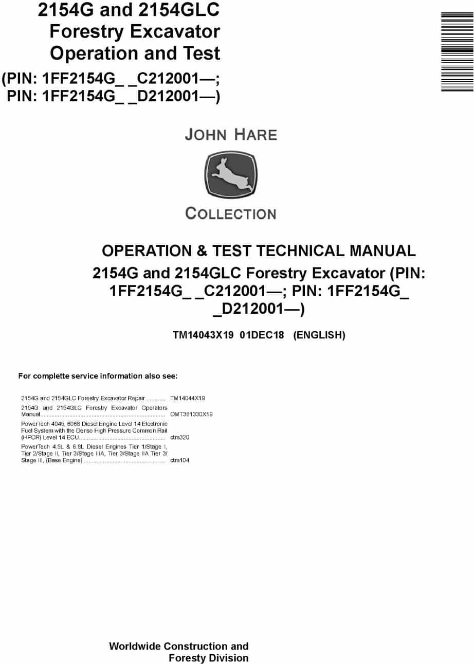 John Deere 2154G 2154GLC Forestry Excavator Operation Test Technical Manual TM14043X19