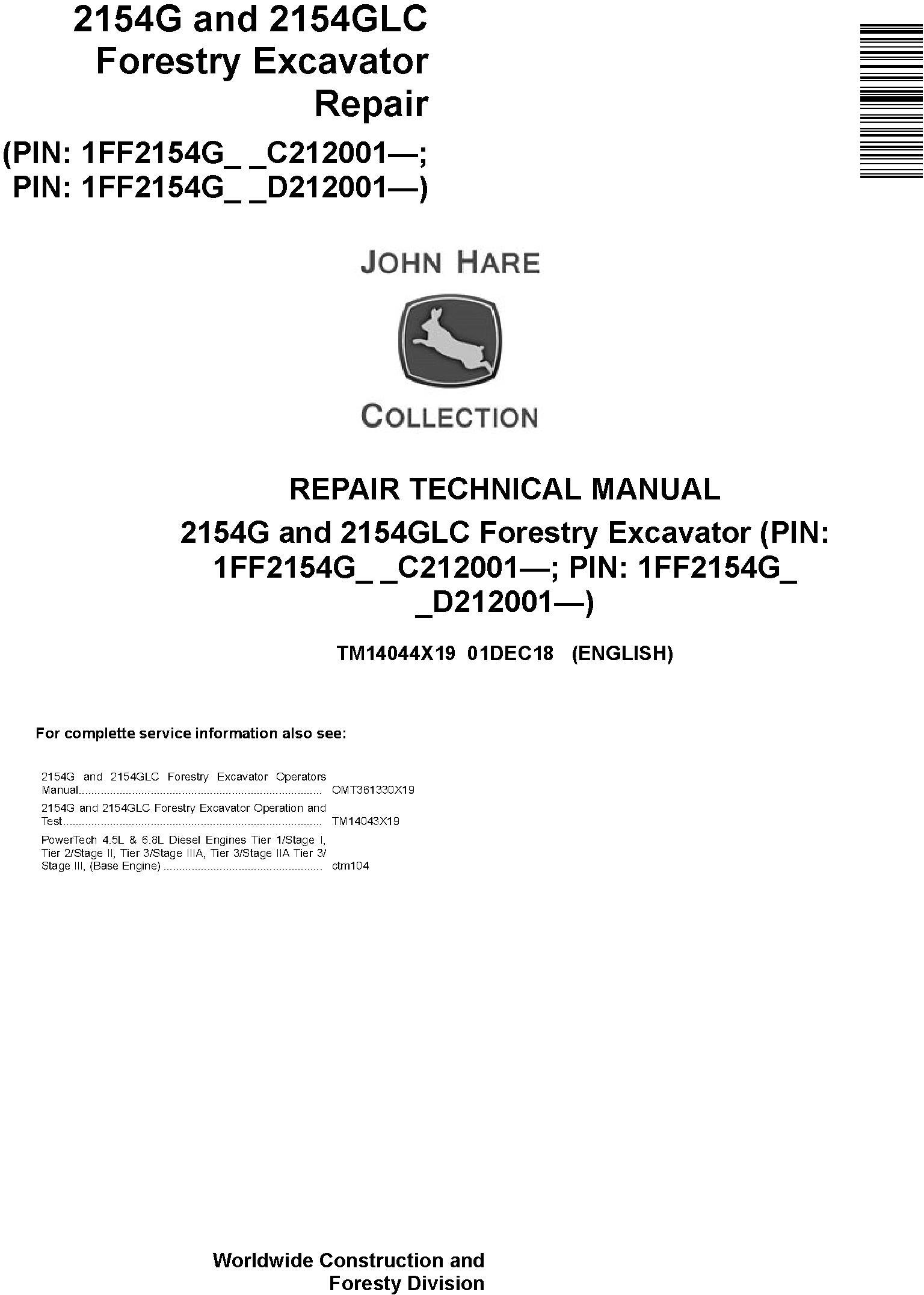 John Deere 2154G 2154GLC Forestry Excavator Repair Technical Manual TM14044X19