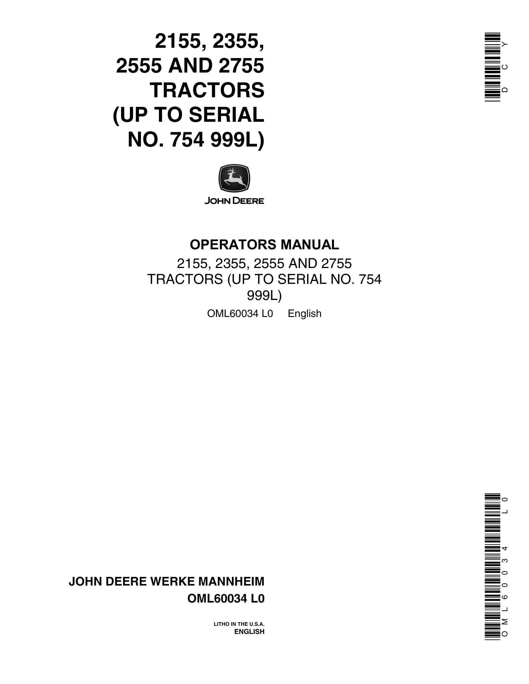 John Deere 2155, 2355, 2555 AND 2755 Tractor Operator Manual OML60034-1