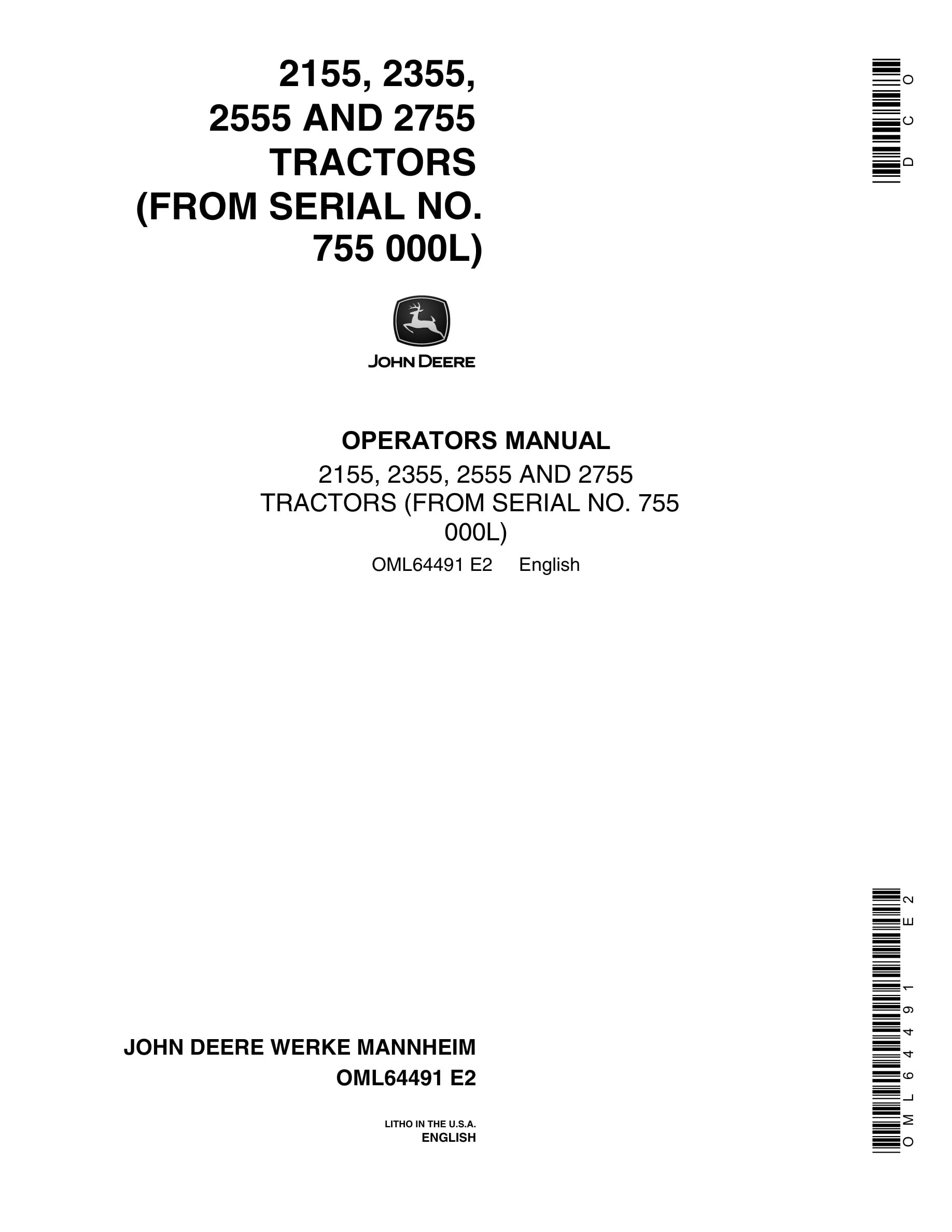 John Deere 2155, 2355, 2555 AND 2755 Tractor Operator Manual OML64491-1