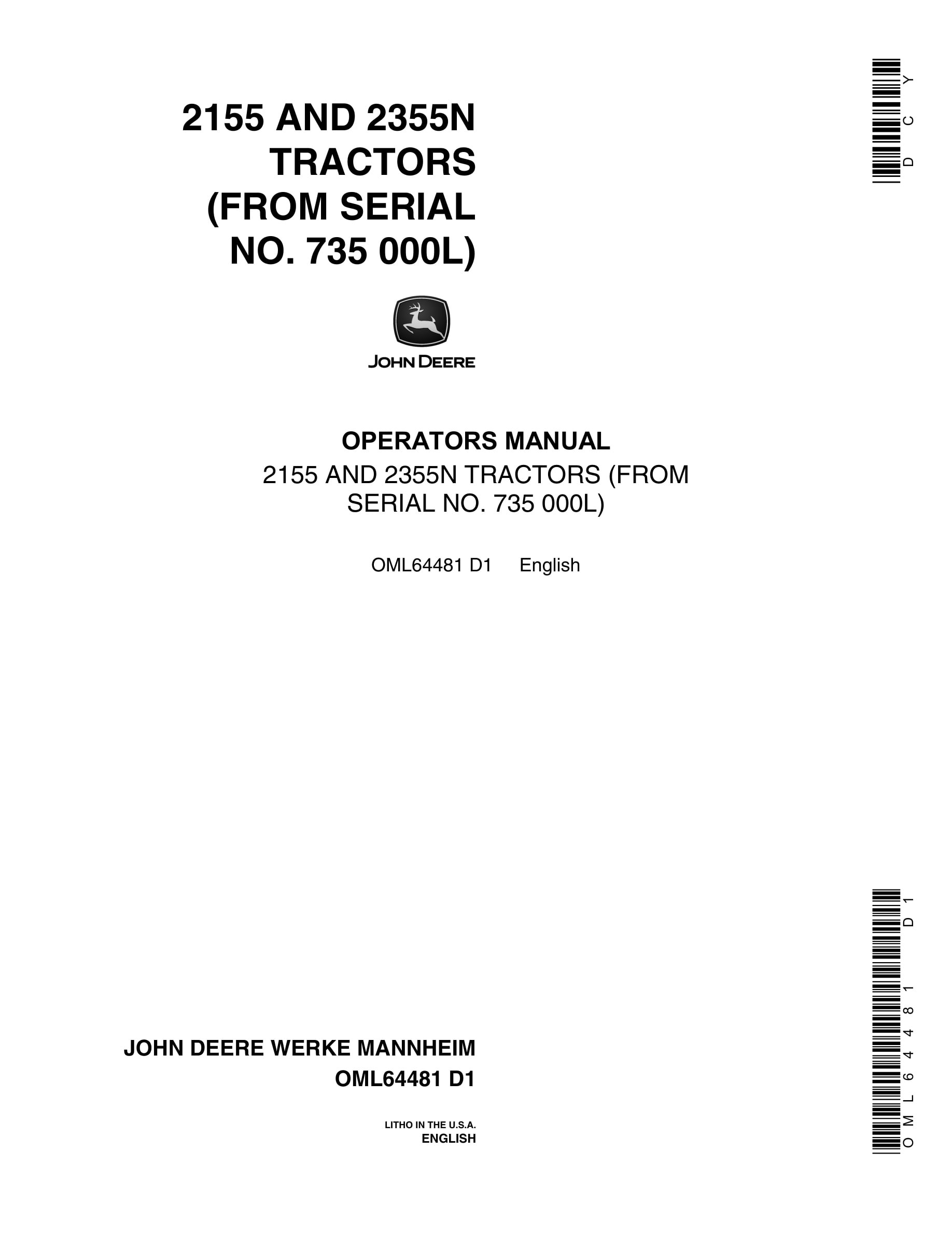 John Deere 2155 AND 2355N Tractor Operator Manual OML64481-1