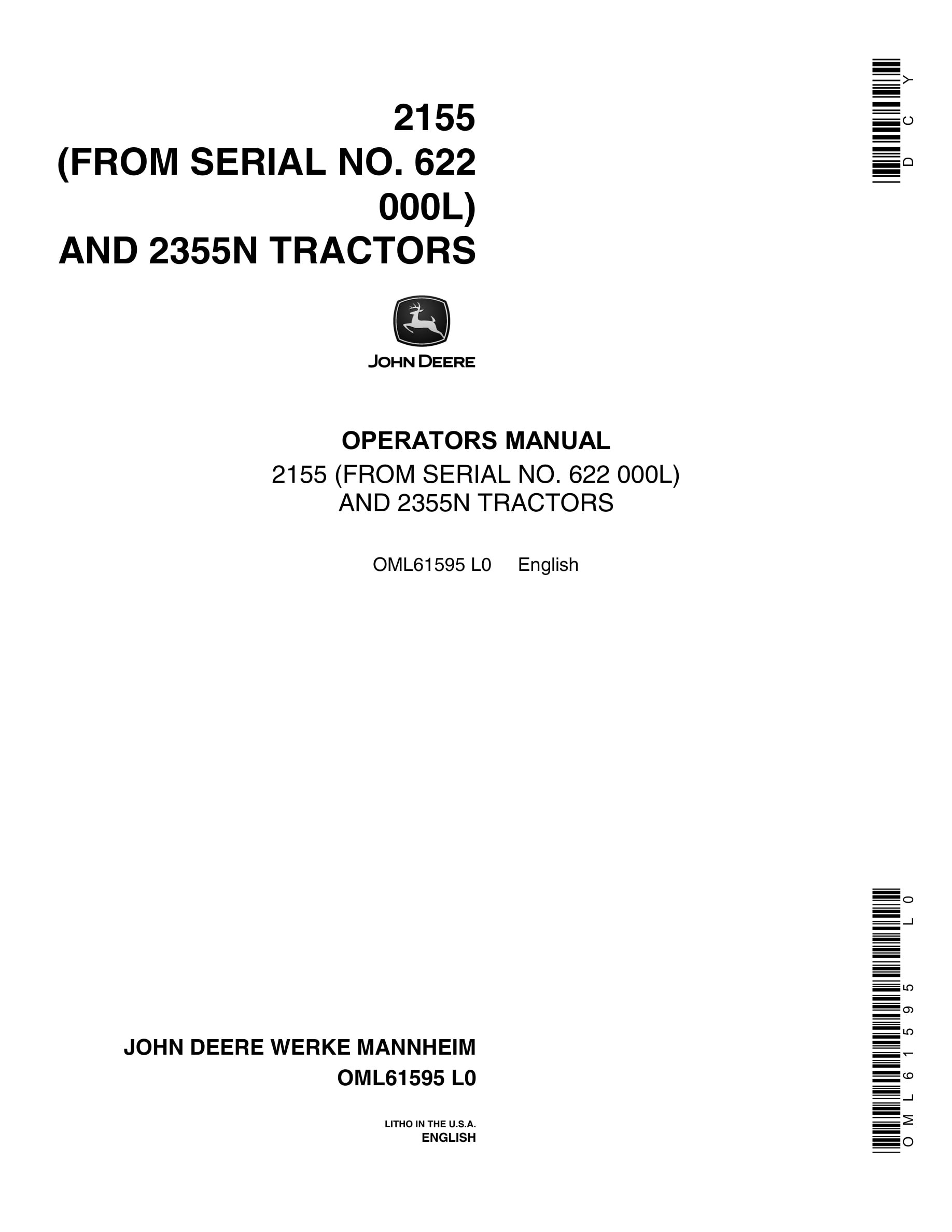 John Deere 2155 Tractor Operator Manual OML61595-1