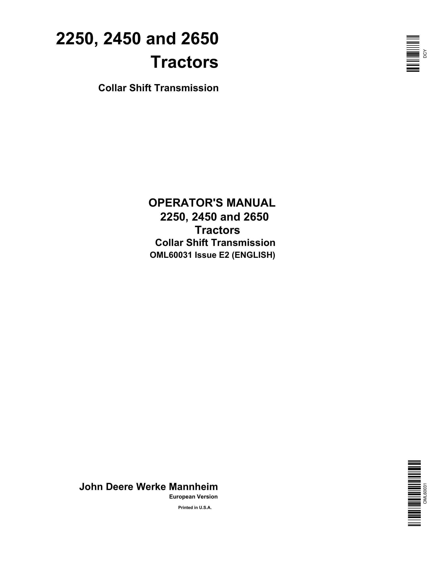 John Deere 2250, 2450 And 2650 Tractors Operator Manuals OML60031-1