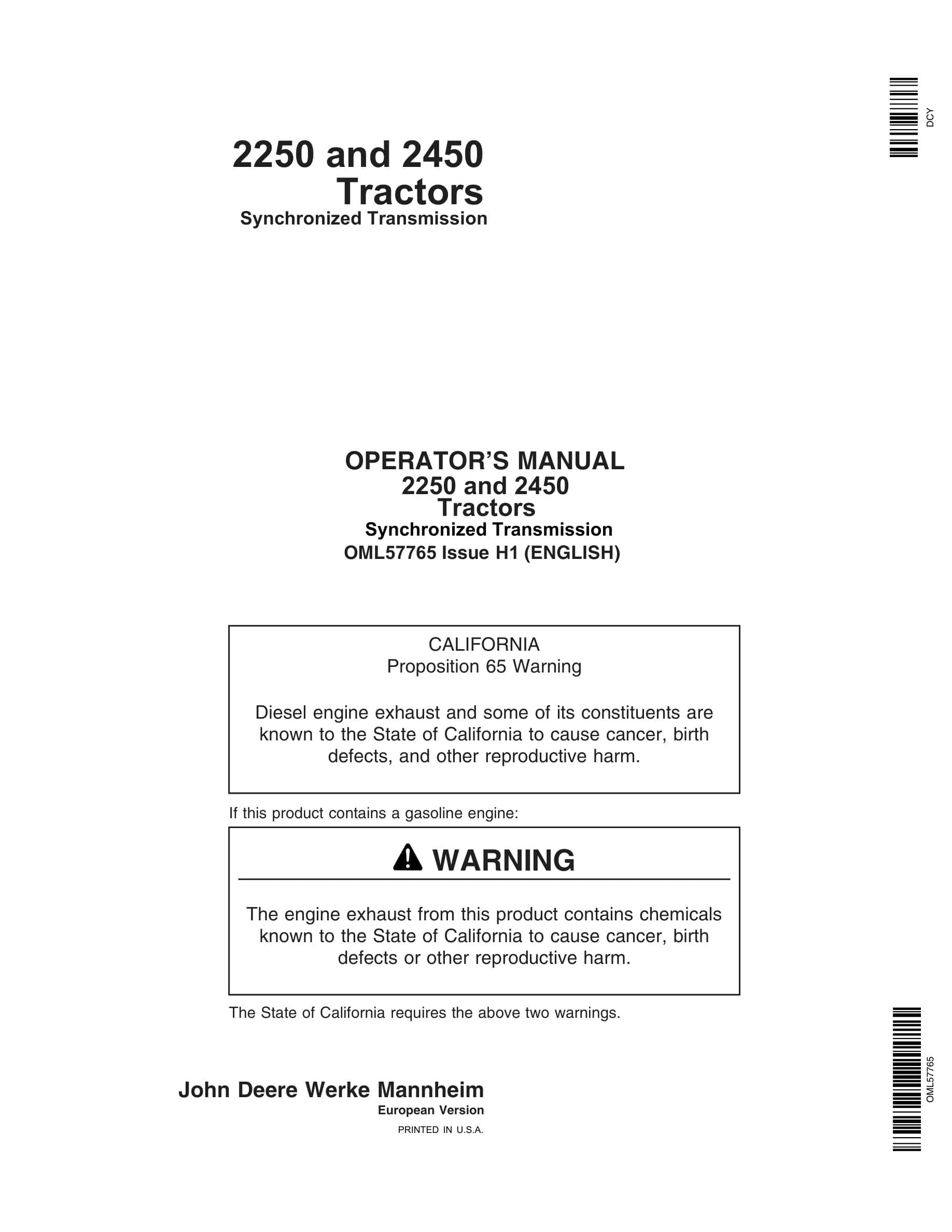 John Deere 2250 And 2450 Tractors Operator Manuals OML57765-1