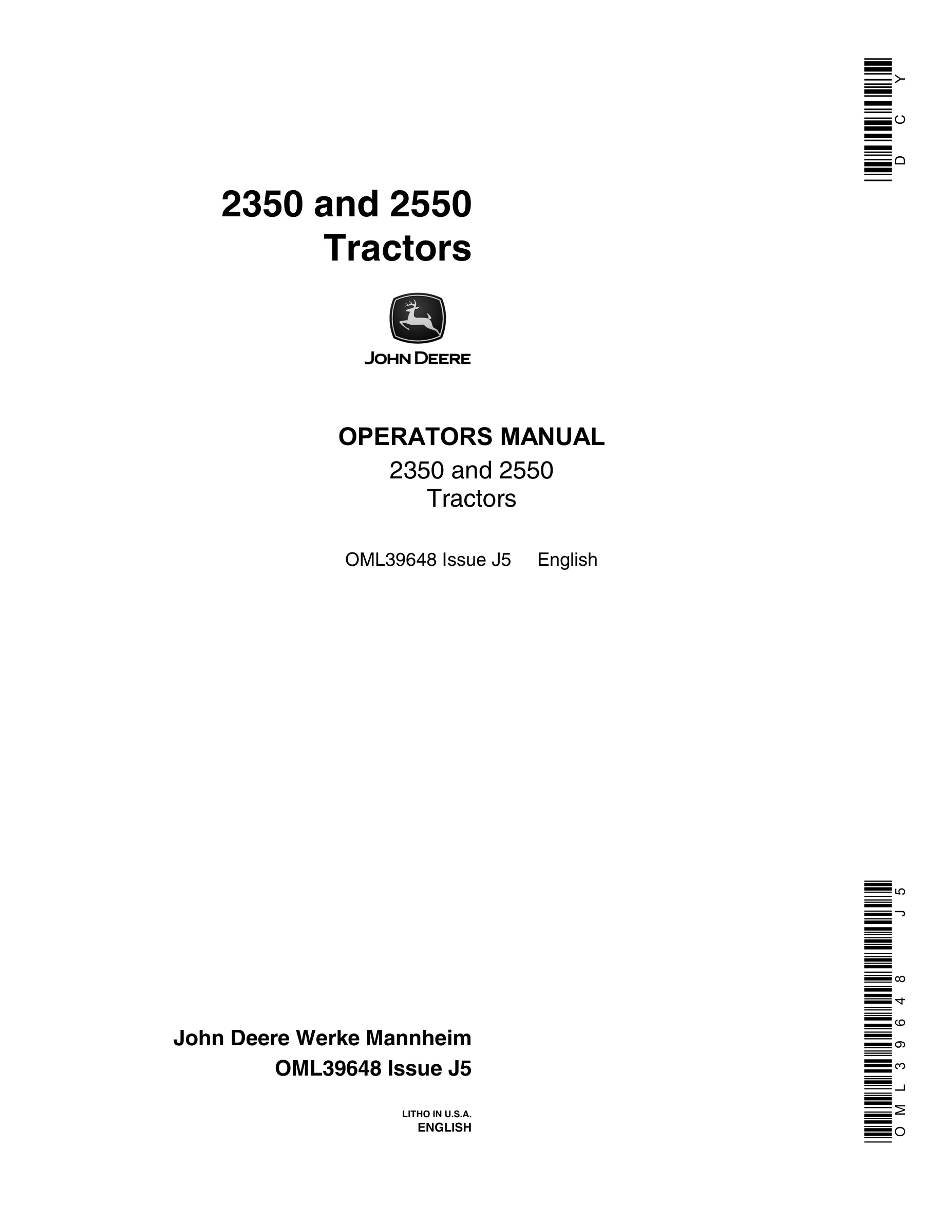 John Deere 2350 And 2550 Tractors Operator Manuals OML39648-1