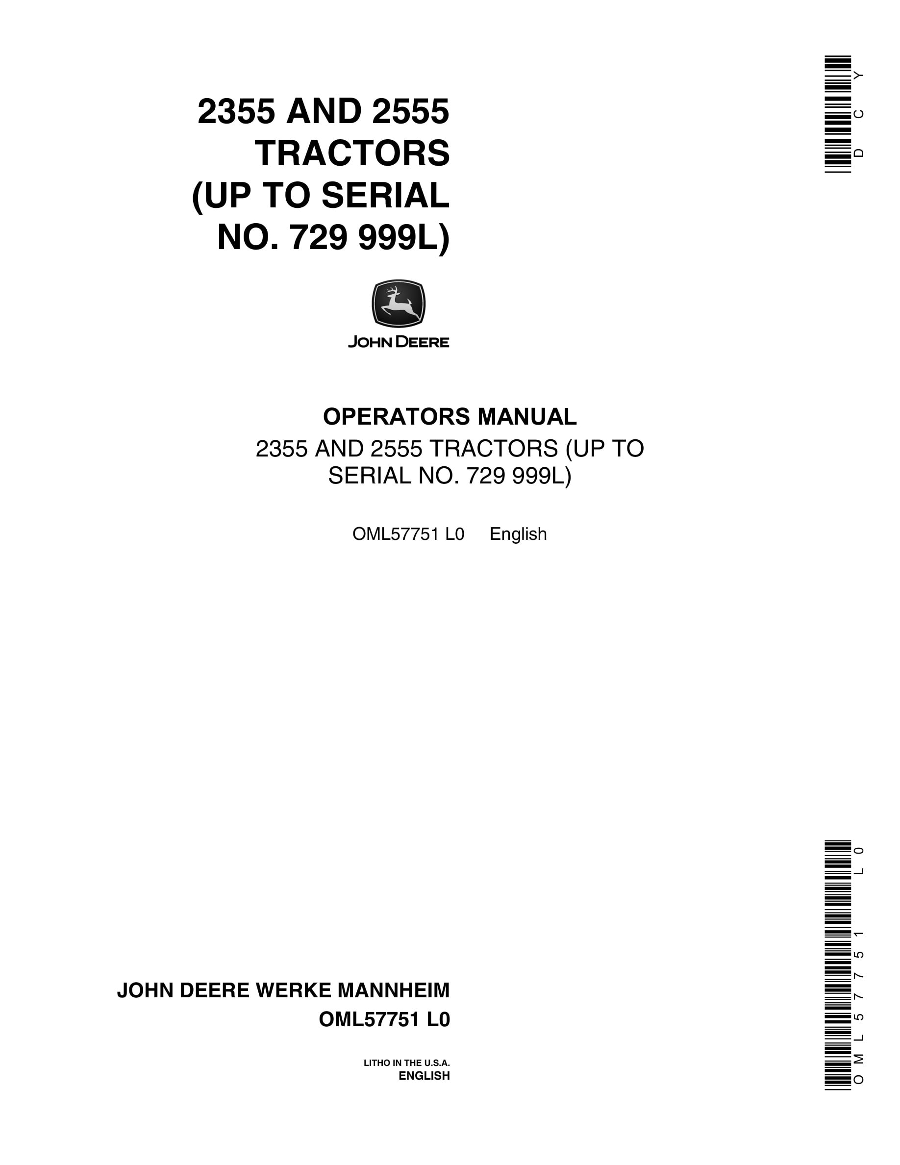 John Deere 2355 AND 2555 Tractor Operator Manual OML57751-1