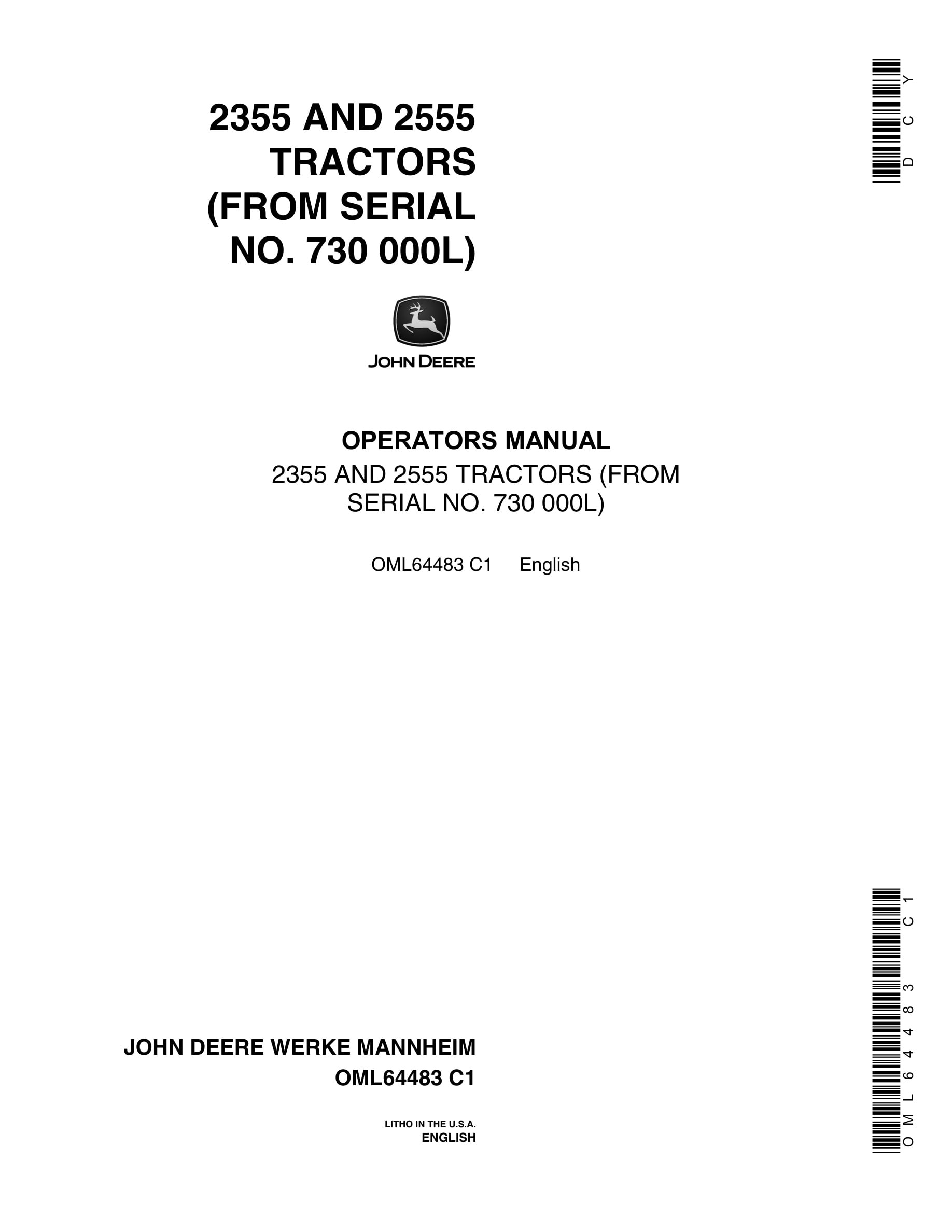 John Deere 2355 AND 2555 Tractor Operator Manual OML64483-1