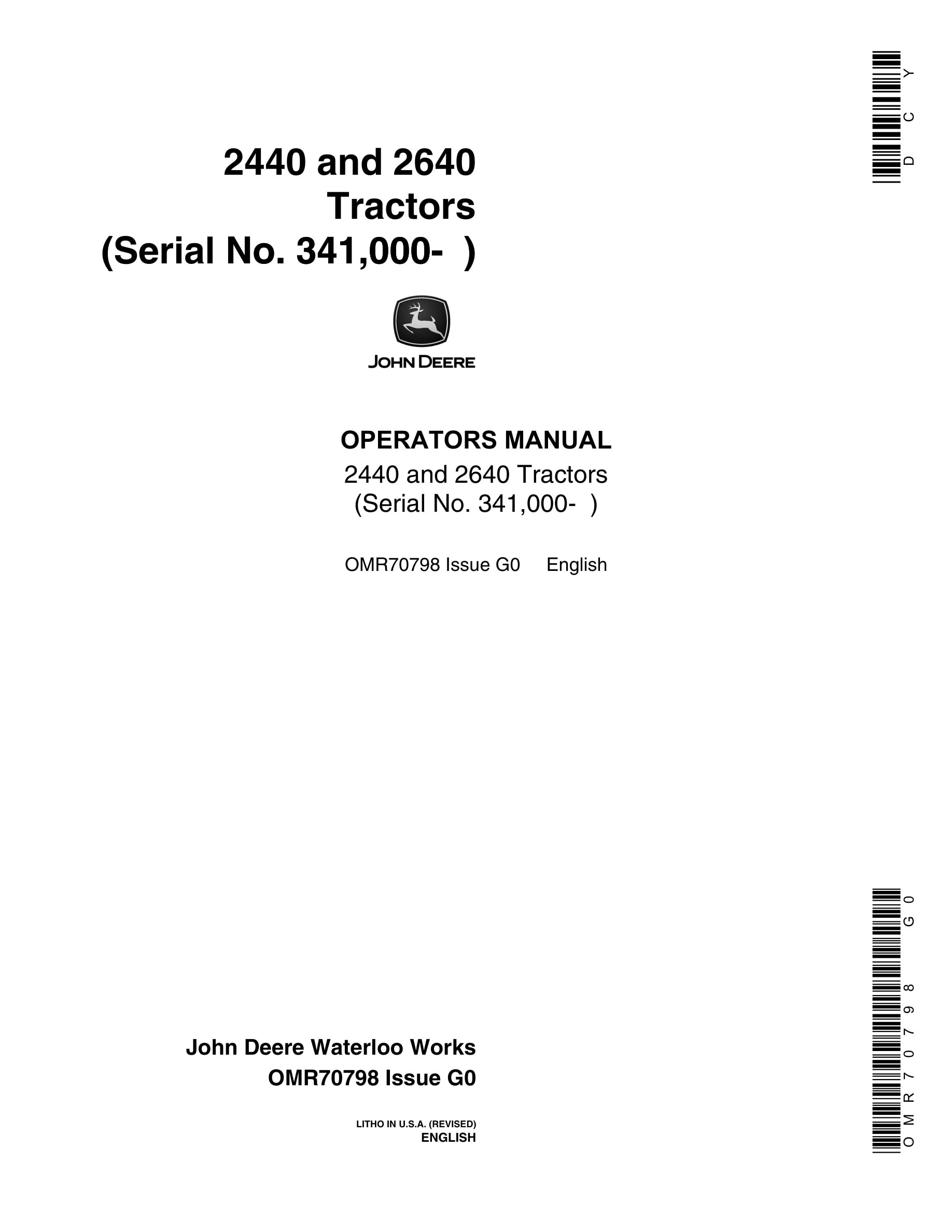 John Deere 2440 and 2640 Tractor Operator Manual OMR70798-1