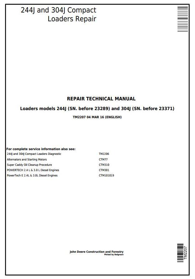 John Deere 244J 304J Compact Loader Repair Technical Manual TM2207