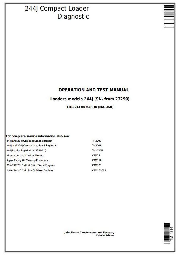 John Deere 244J Compact Loader Diagnostic Operation Test Manual TM11214