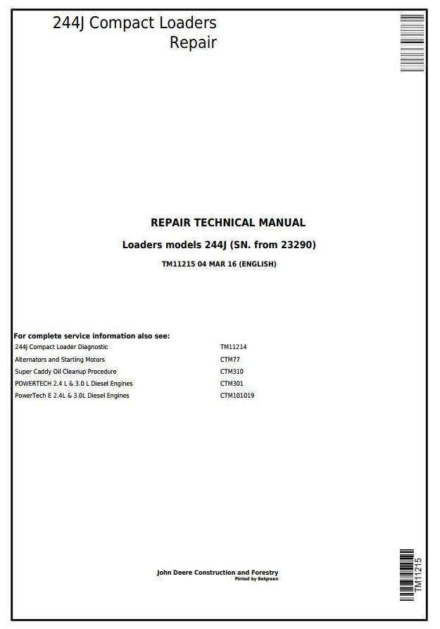 John Deere 244J Compact Loader Repair Technical Manual TM11215