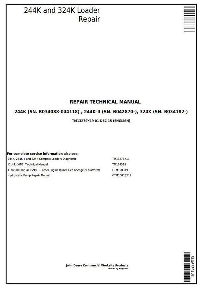 John Deere 244K 224K-II 324K Loader Repair Technical Manual TM13279X19
