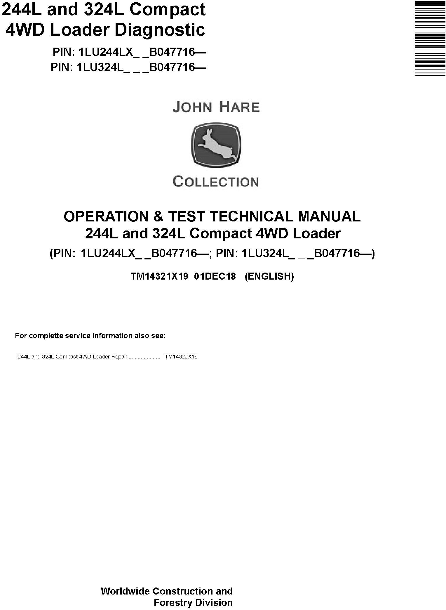 John Deere 244L 324L Compact 4WD Loader Operation Test Technical Manual TM14321X19