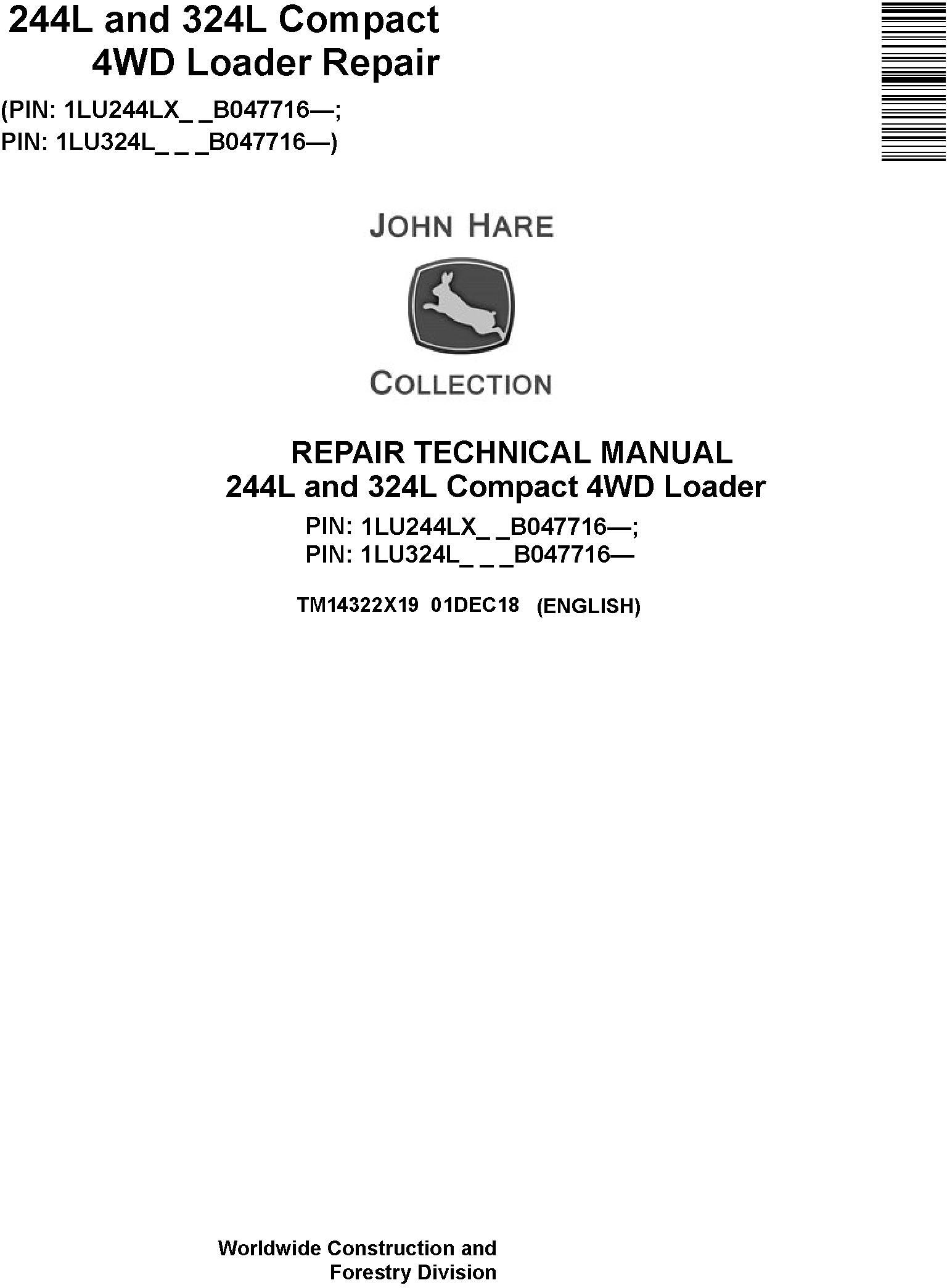 John Deere 244L 324L Compact 4WD Loader Repair Technical Manual TM14322X19