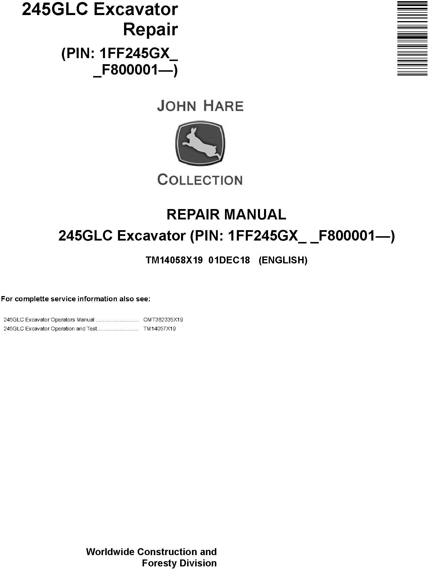 John Deere 245GLC Excavator Repair Manual TM14058X19
