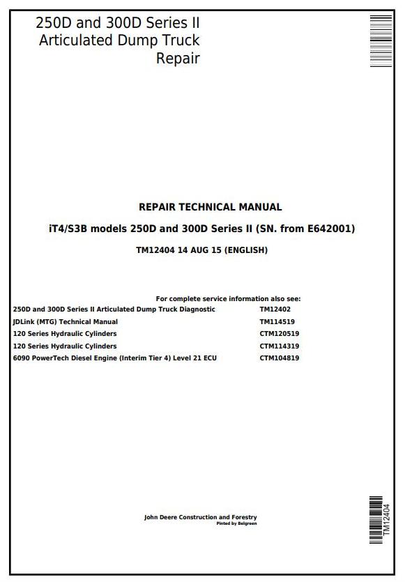 John Deere 250D 300D Series II Articulated Dump Truck Repair Technical Manual TM12404