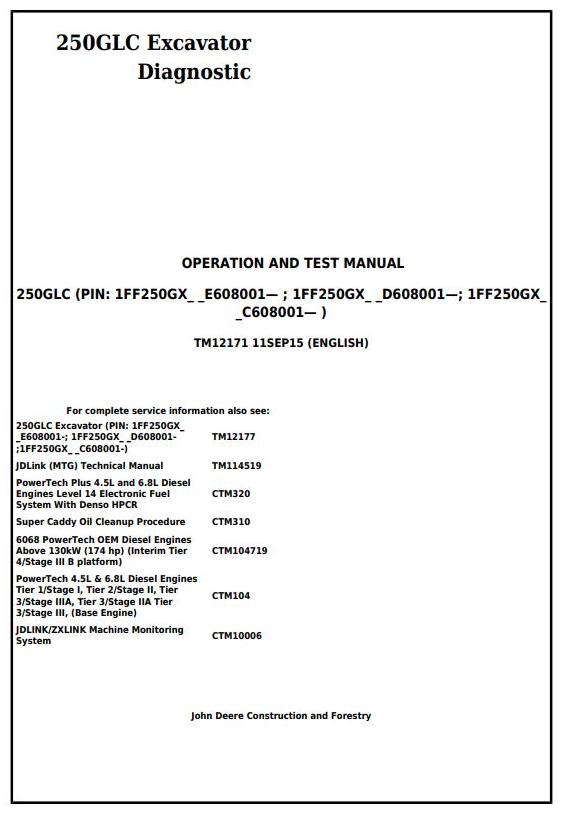 John Deere 250GLC Excavator Diagnostic Operation Test Manual TM12171