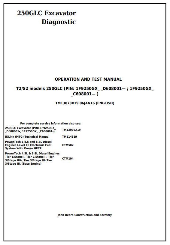 John Deere 250GLC Excavator Diagnostic Operation Test Manual TM13078X19