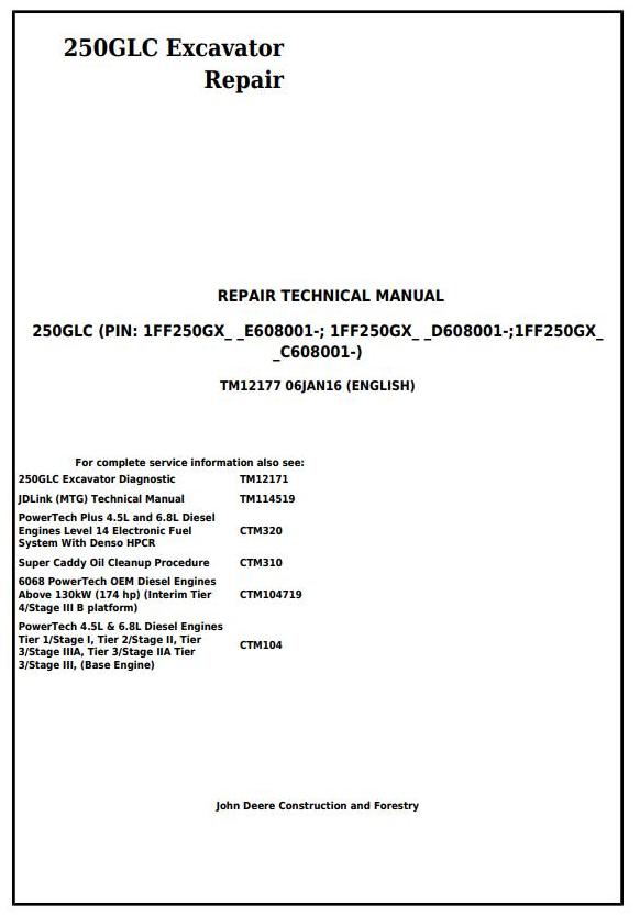 John Deere 250GLC Excavator Repair Technical Manual TM12177